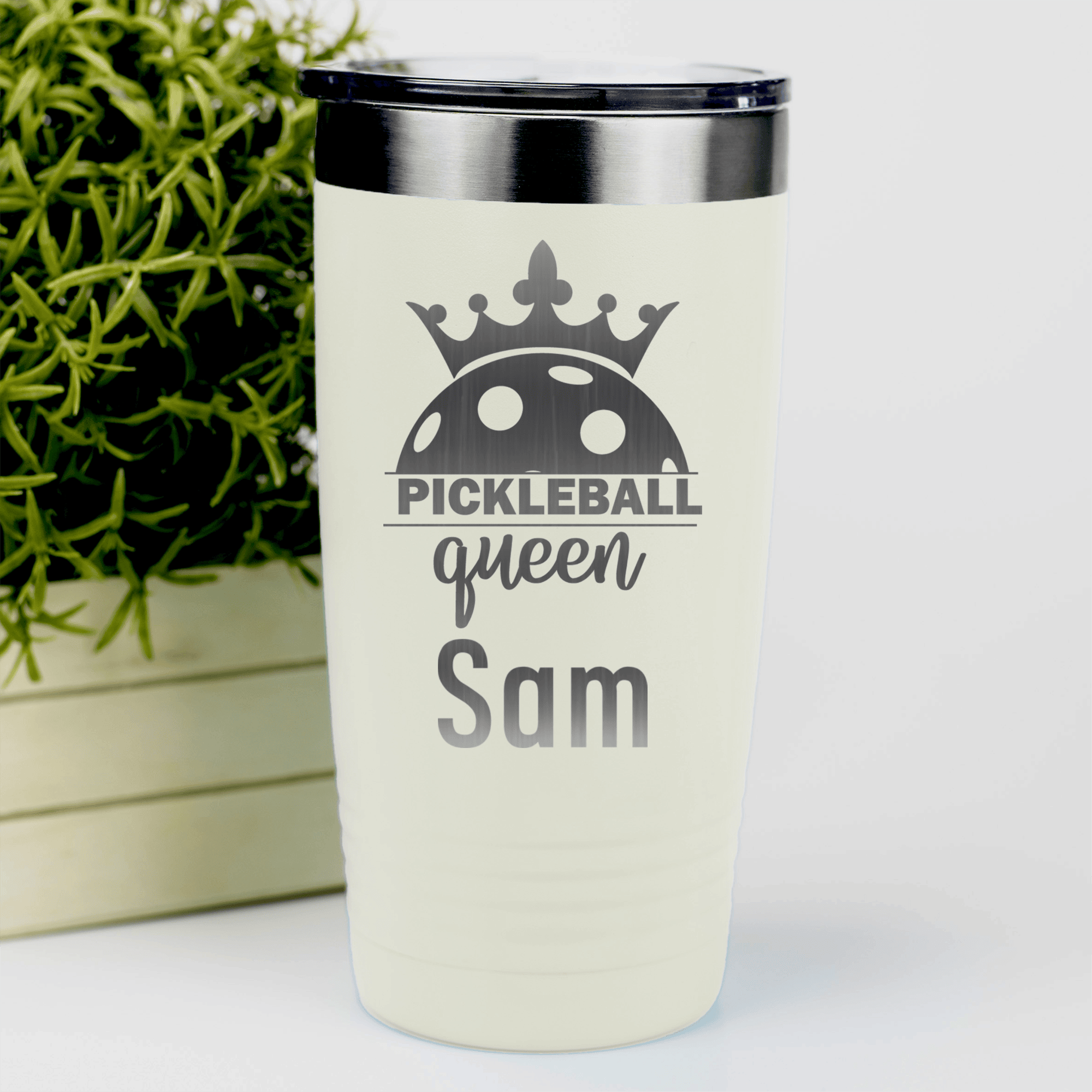 White Pickleball Tumbler With Pickle Queen Design