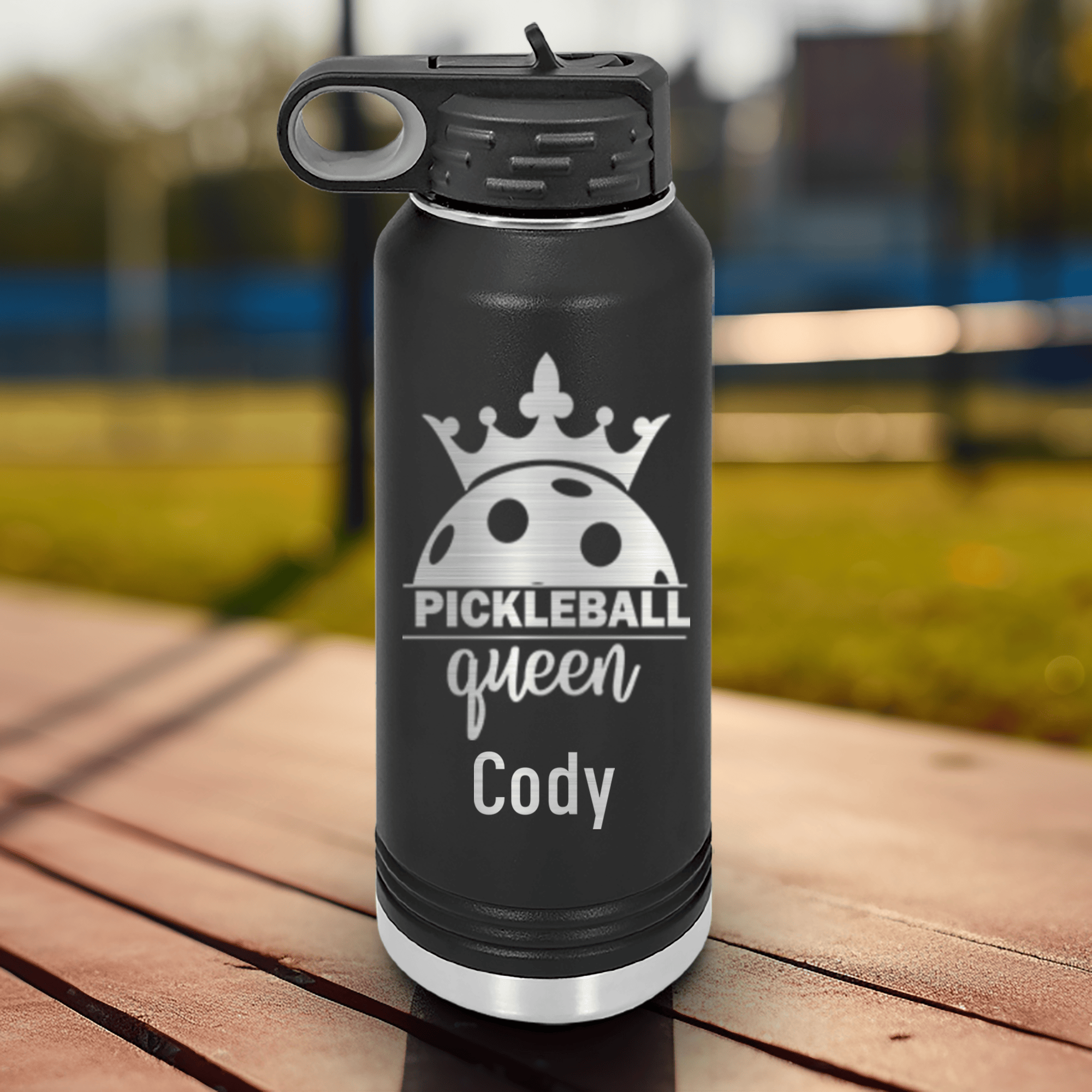 Black Pickleball Water Bottle With Pickle Queen Design