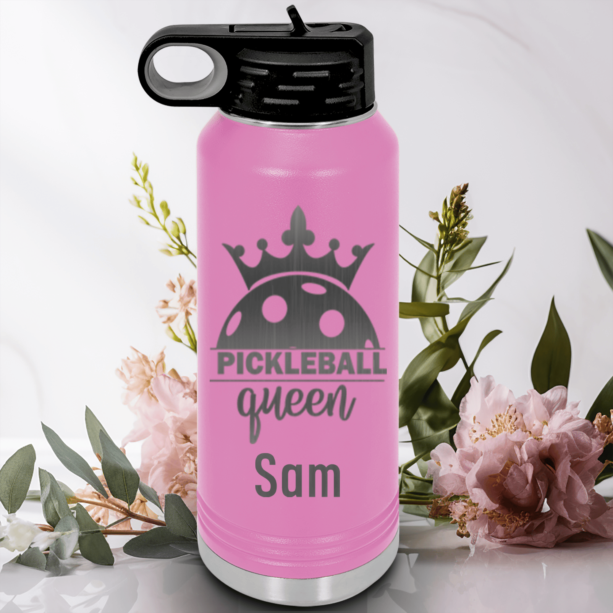 Light Purple Pickleball Water Bottle With Pickle Queen Design