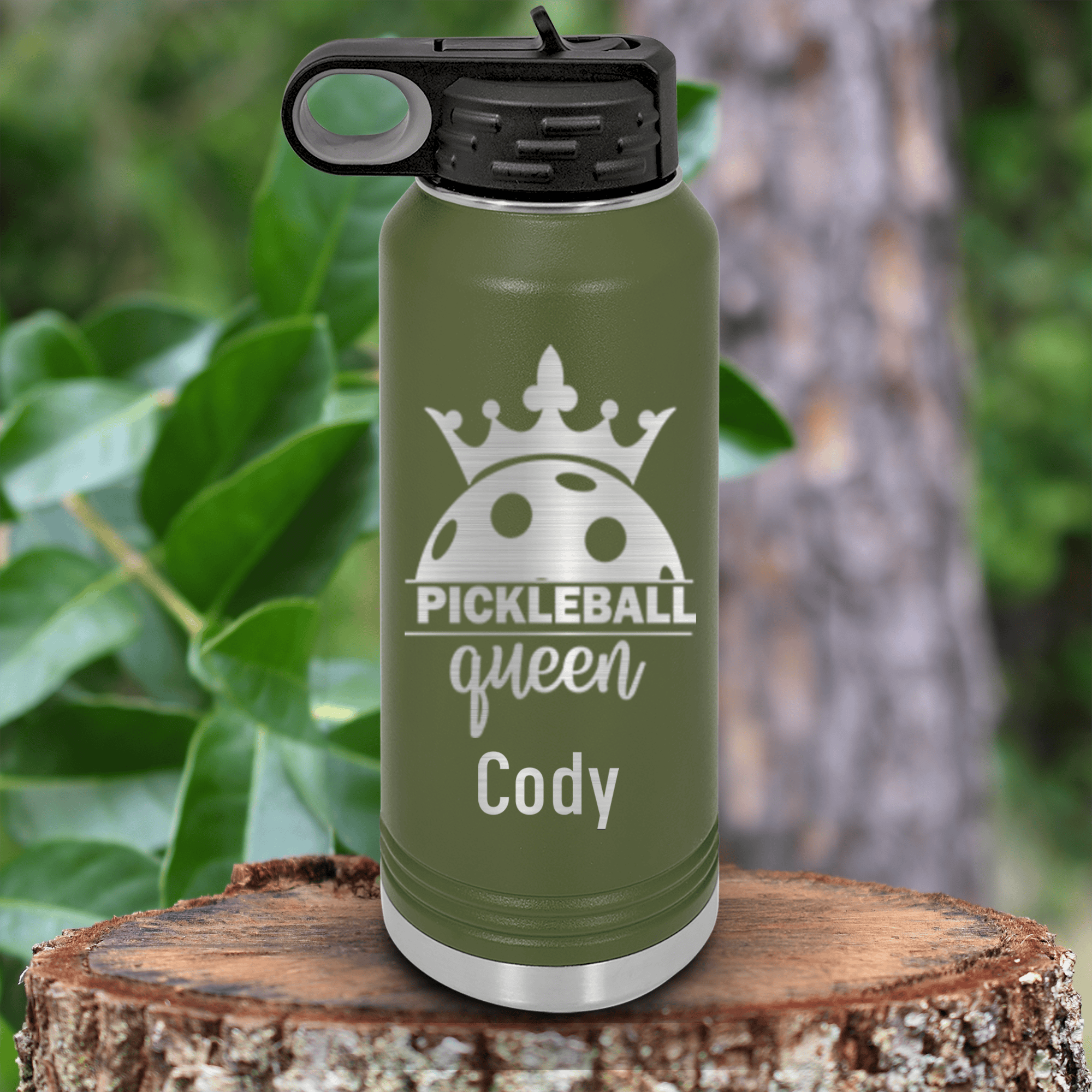 Military Green Pickleball Water Bottle With Pickle Queen Design