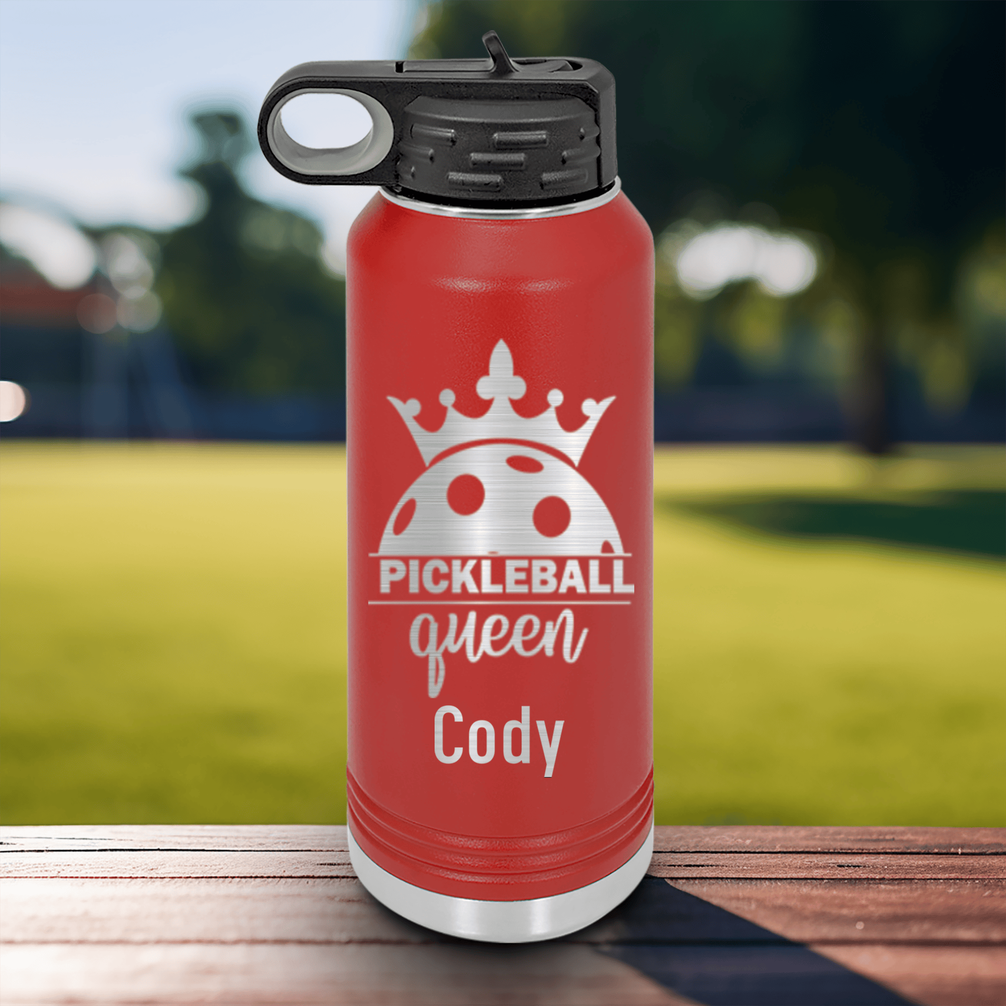 Red Pickleball Water Bottle With Pickle Queen Design