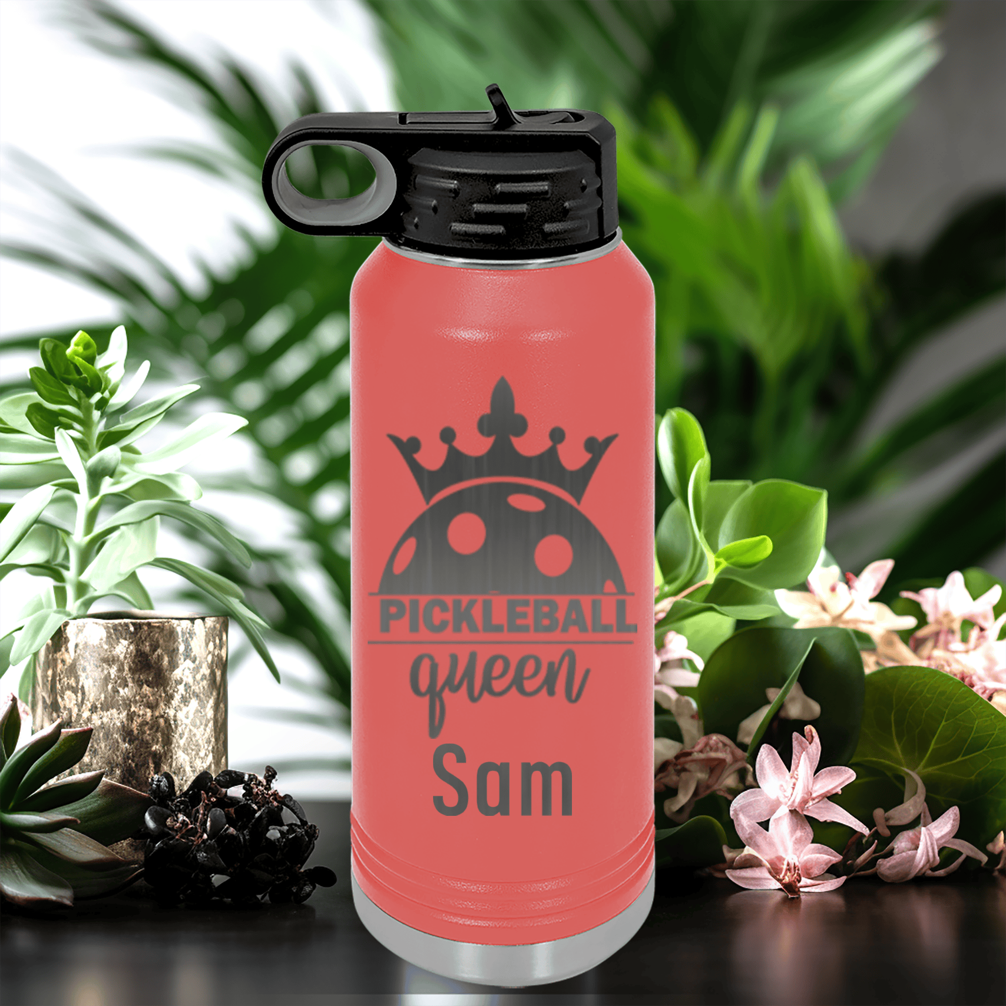 Salmon Pickleball Water Bottle With Pickle Queen Design