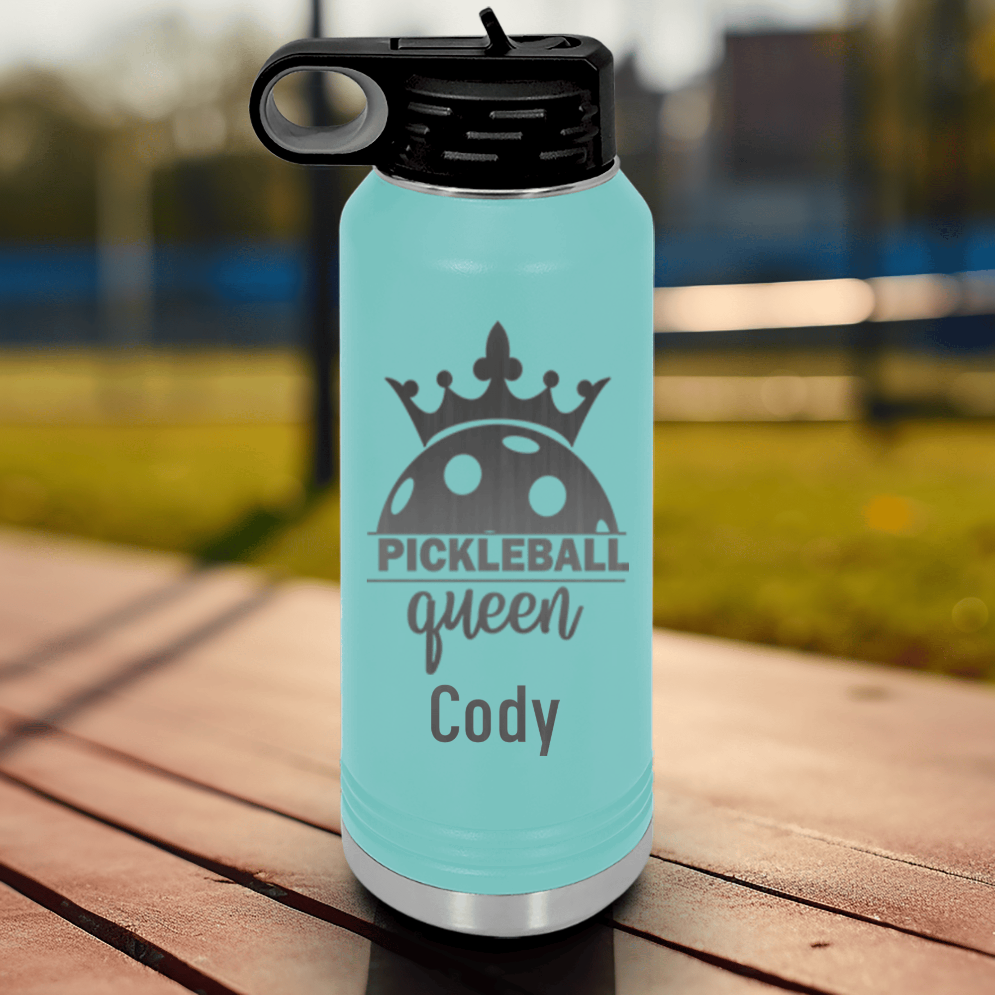 Teal Pickleball Water Bottle With Pickle Queen Design