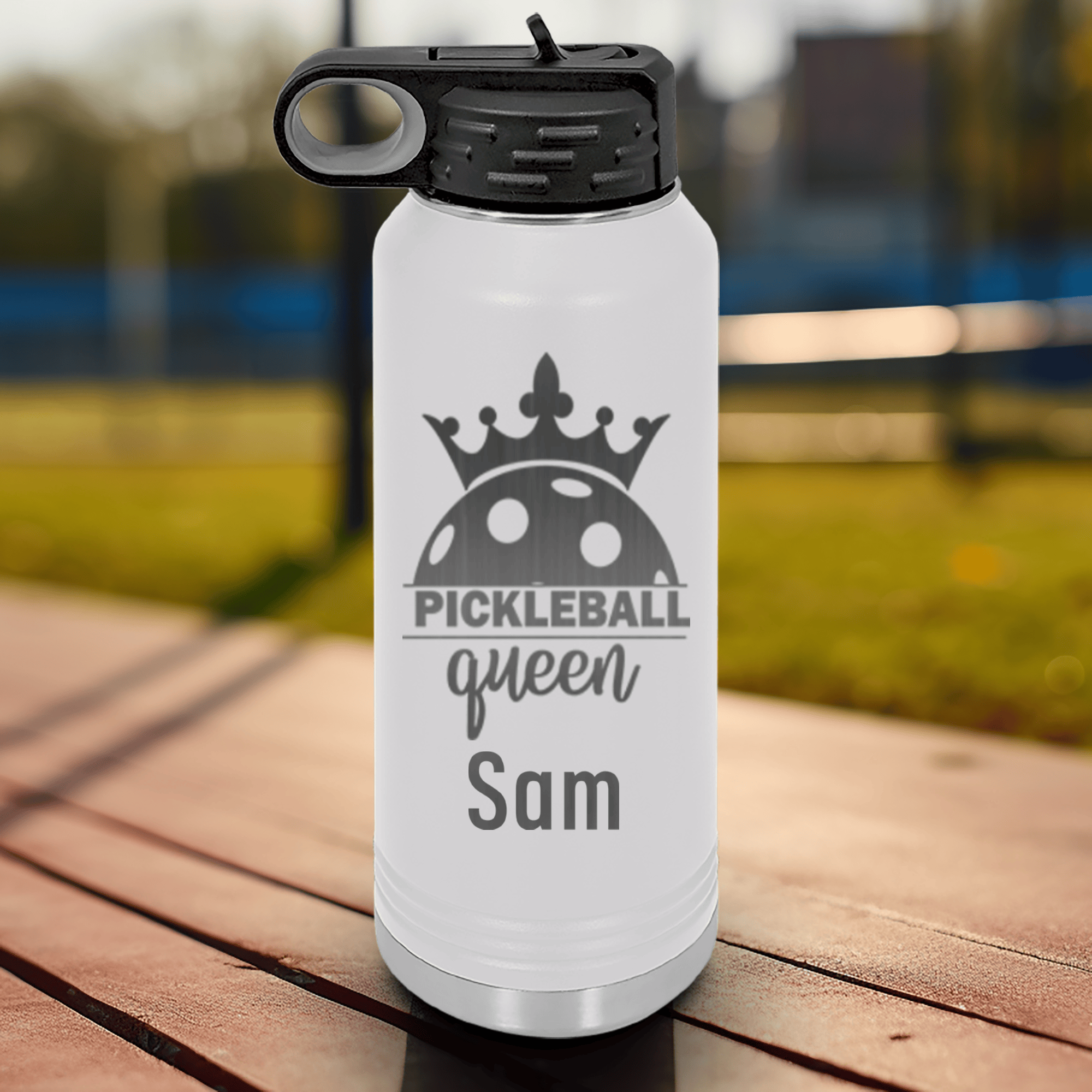 White Pickleball Water Bottle With Pickle Queen Design