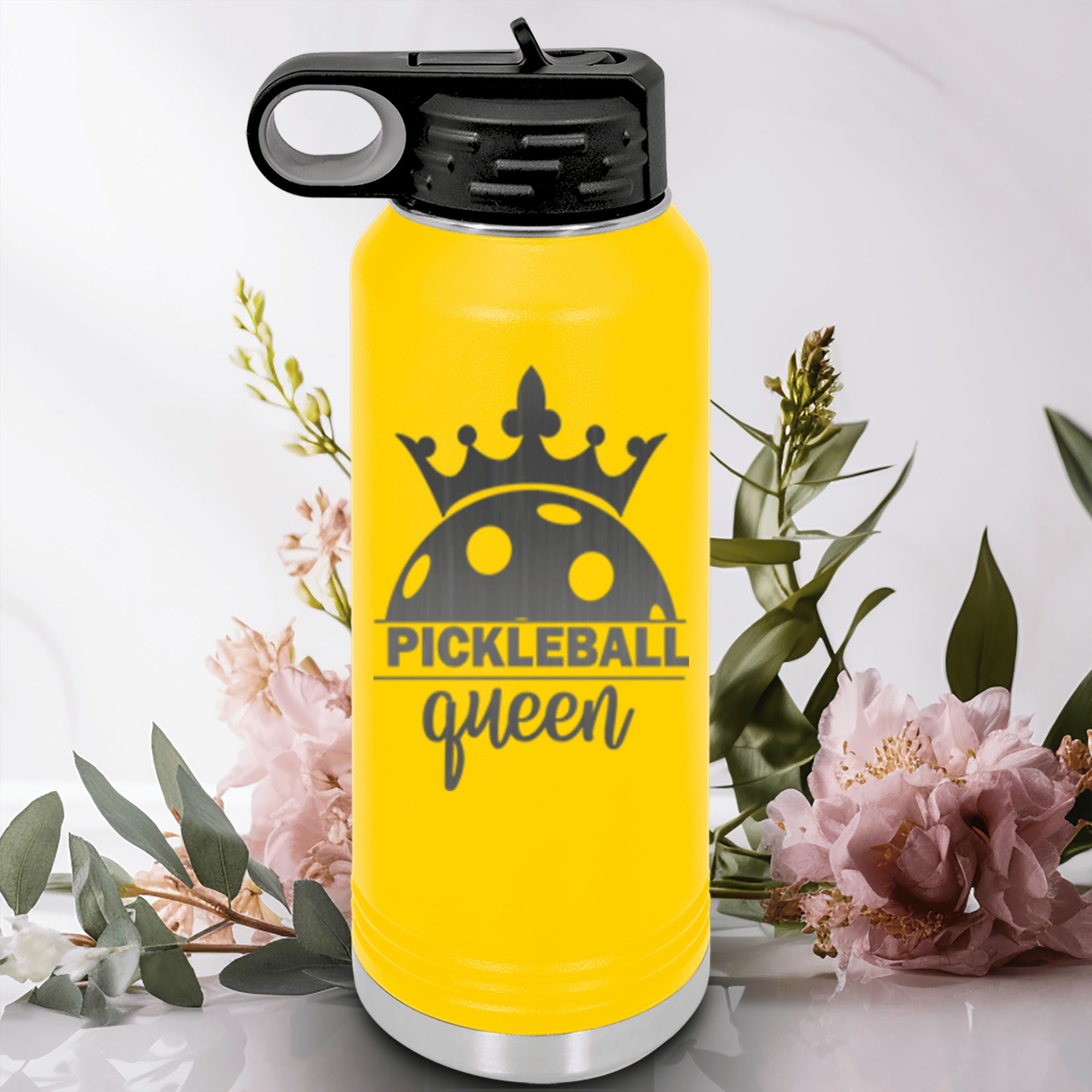 Yellow Pickleball Water Bottle With Pickle Queen Design