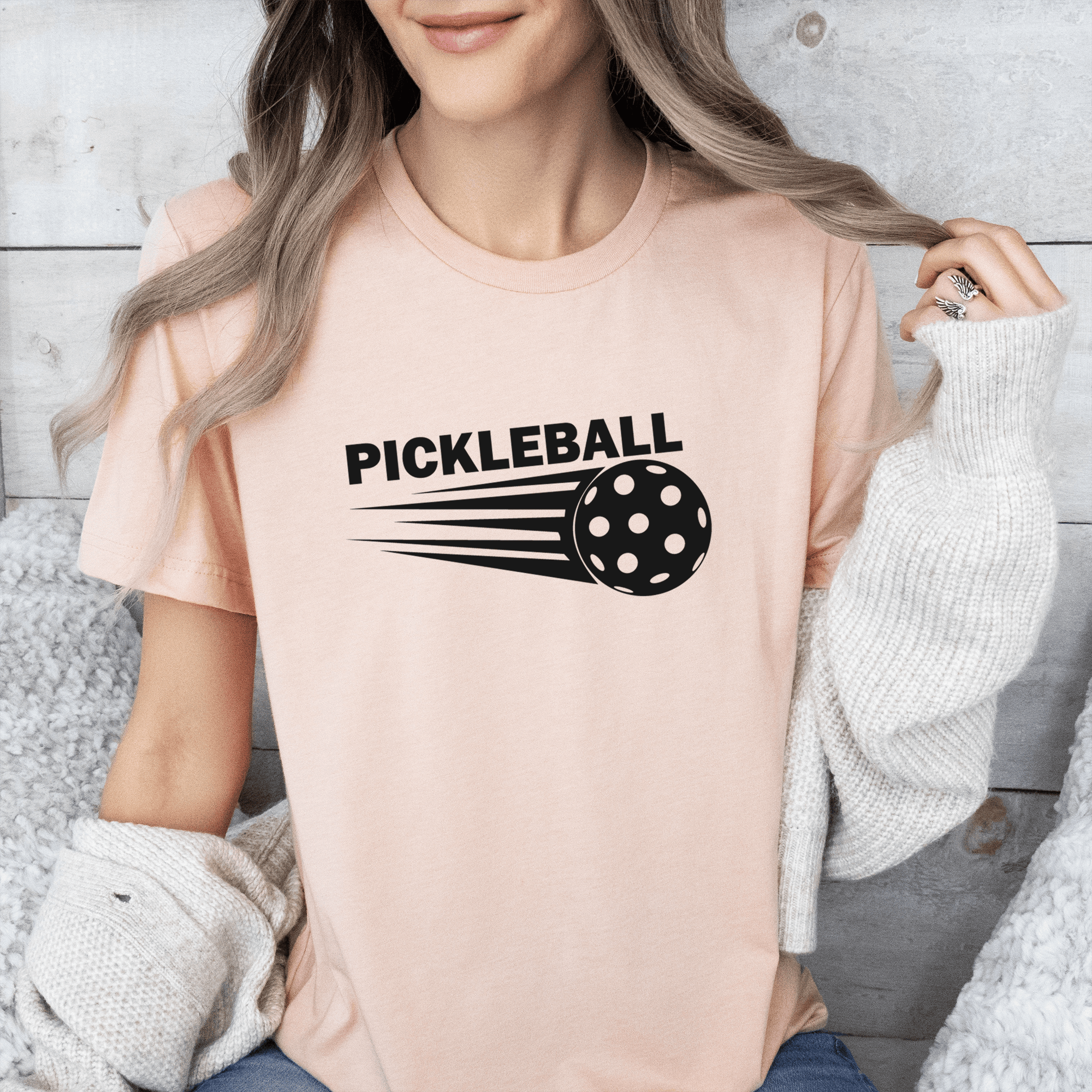 Womens Heather Peach T Shirt with Pickle-Sport design