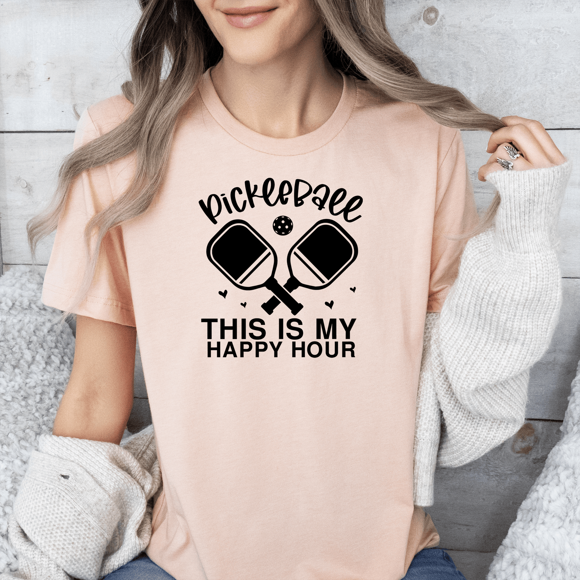 Womens Heather Peach T Shirt with Pickleball-Happy-Hour design