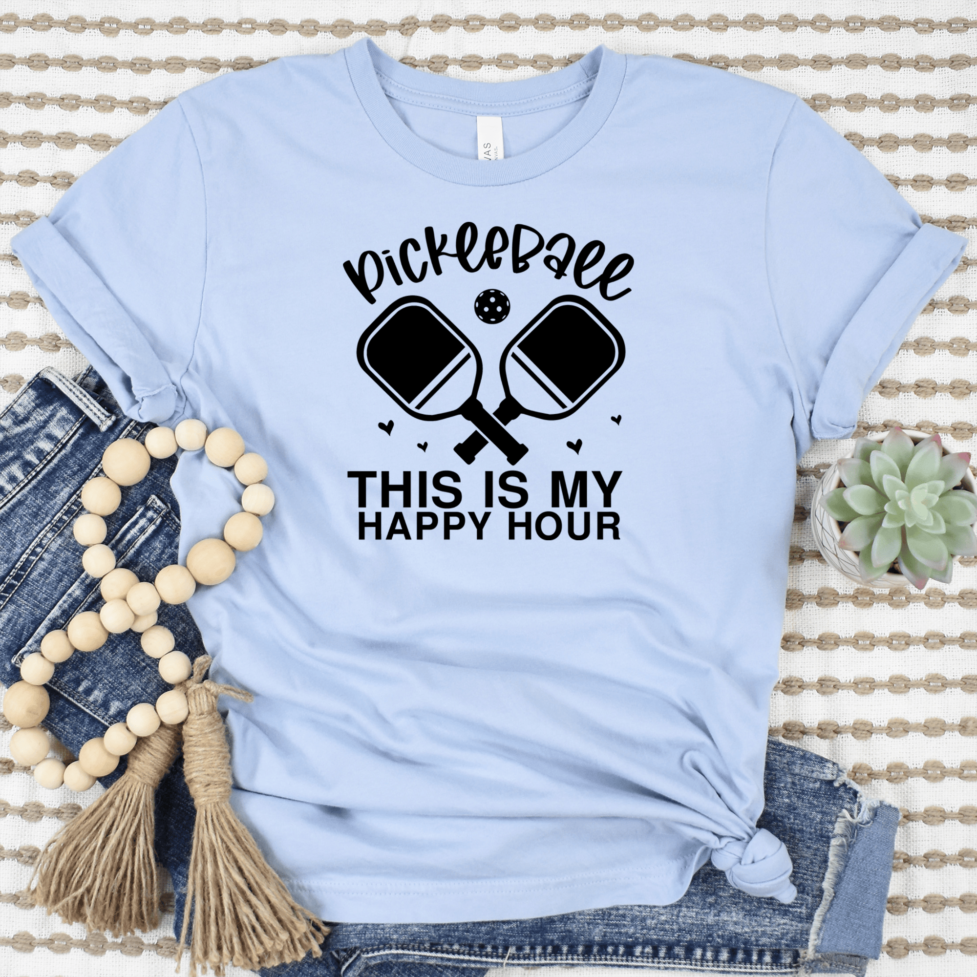 Womens Light Blue T Shirt with Pickleball-Happy-Hour design