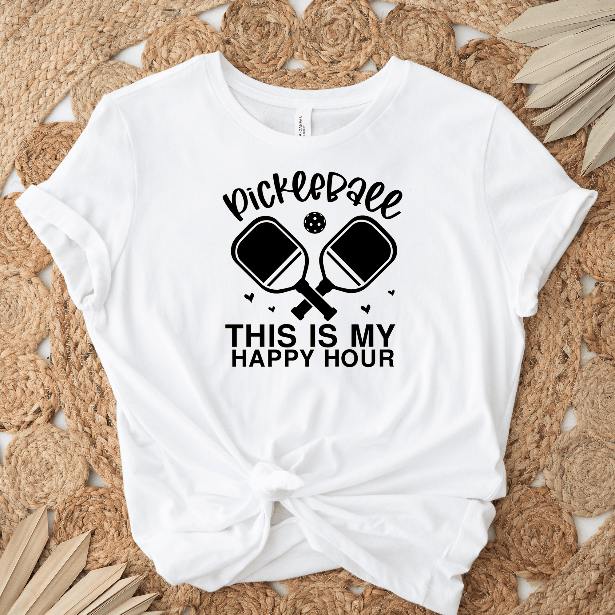 Womens White T Shirt with Pickleball-Happy-Hour design