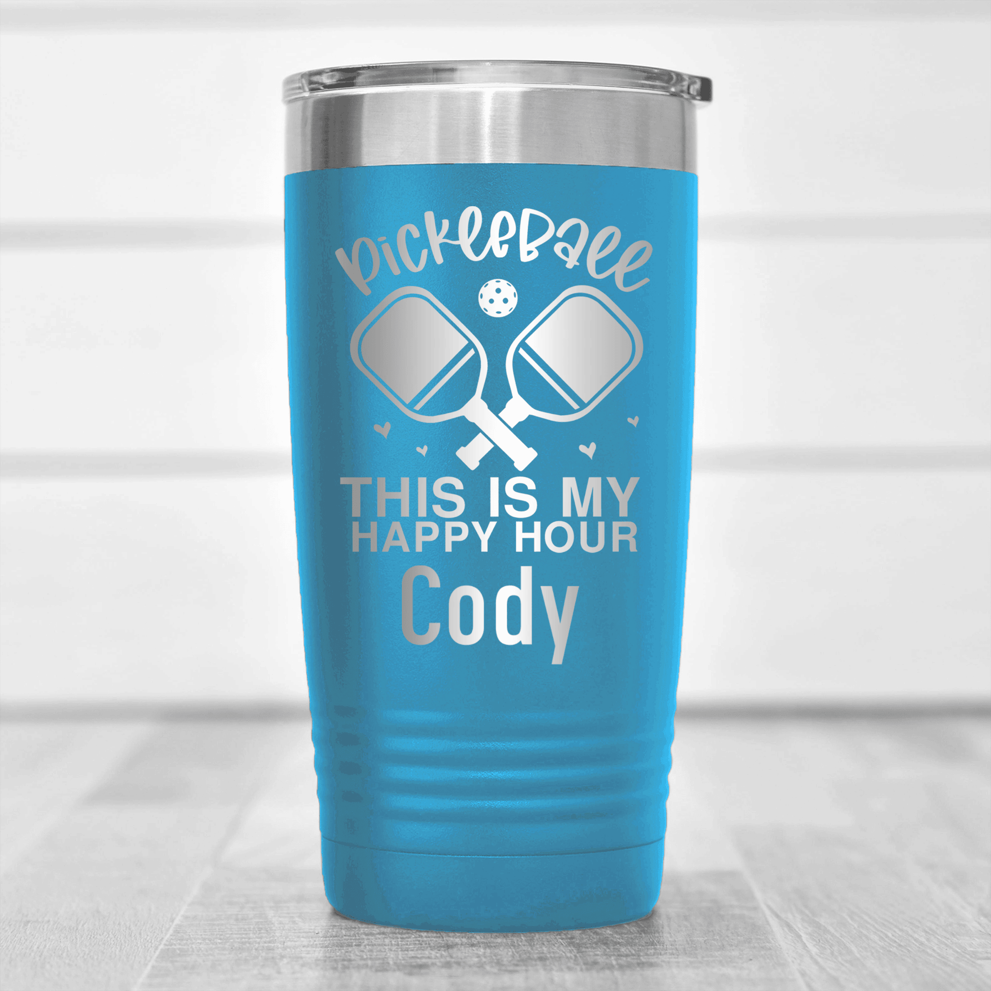 Light Blue Pickleball Tumbler With Pickleball Happy Hour Design