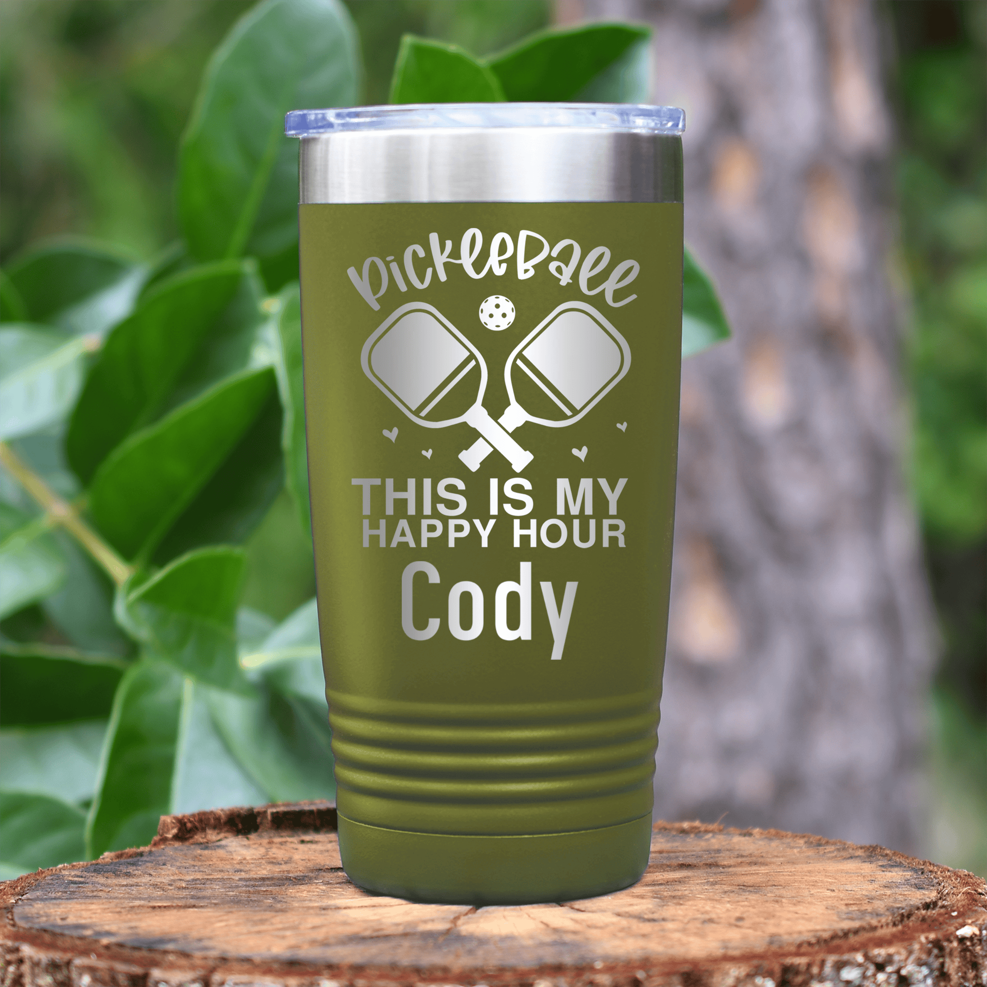 Military Green Pickleball Tumbler With Pickleball Happy Hour Design