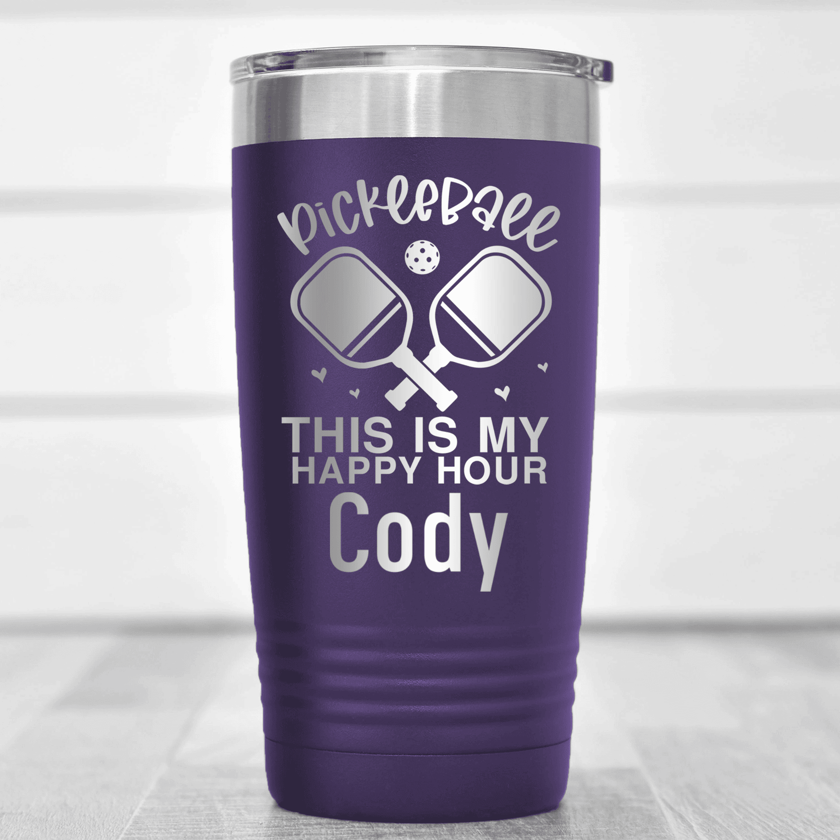 Purple Pickleball Tumbler With Pickleball Happy Hour Design