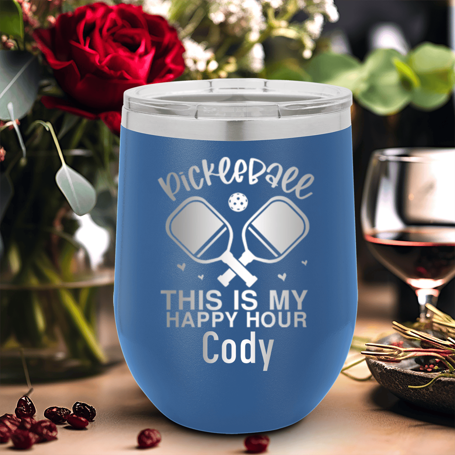 Blue Pickleball Wine Tumbler With Pickleball Happy Hour Design