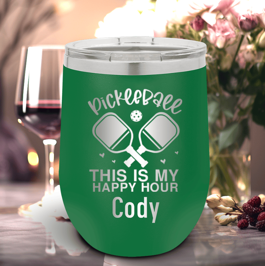 Green Pickleball Wine Tumbler With Pickleball Happy Hour Design