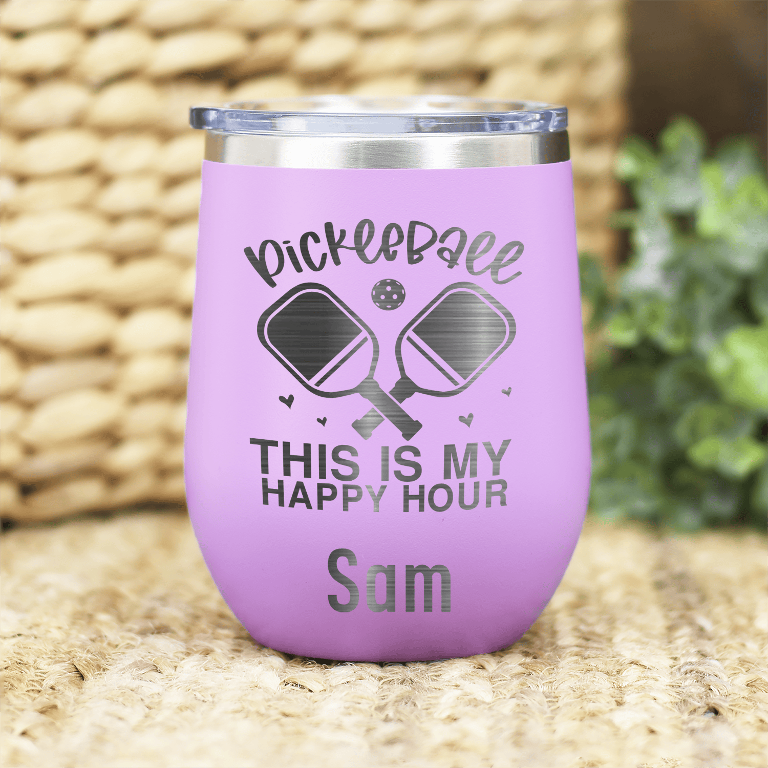 Light Purple Pickleball Wine Tumbler With Pickleball Happy Hour Design