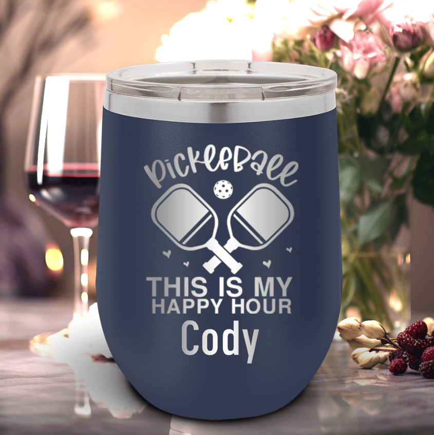 Navy Pickleball Wine Tumbler With Pickleball Happy Hour Design