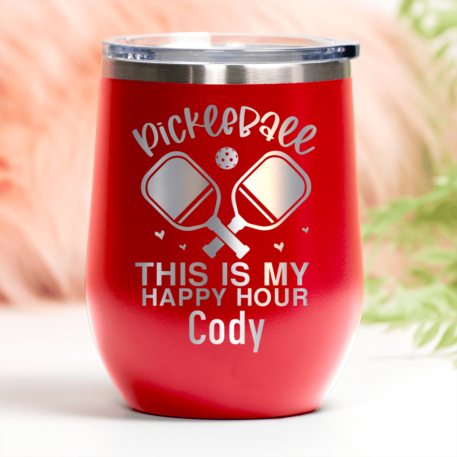 Red Pickleball Wine Tumbler With Pickleball Happy Hour Design