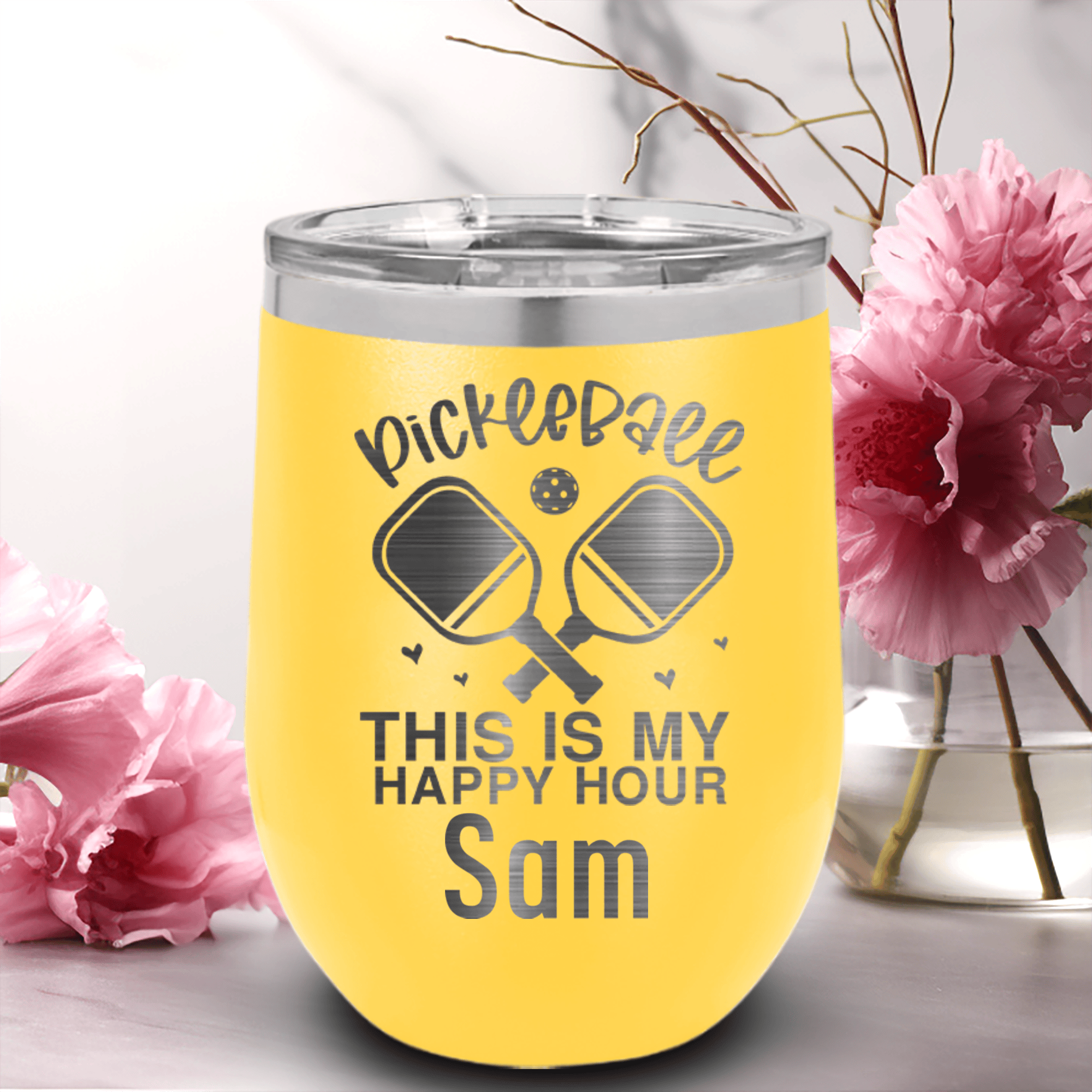 Yellow Pickleball Wine Tumbler With Pickleball Happy Hour Design