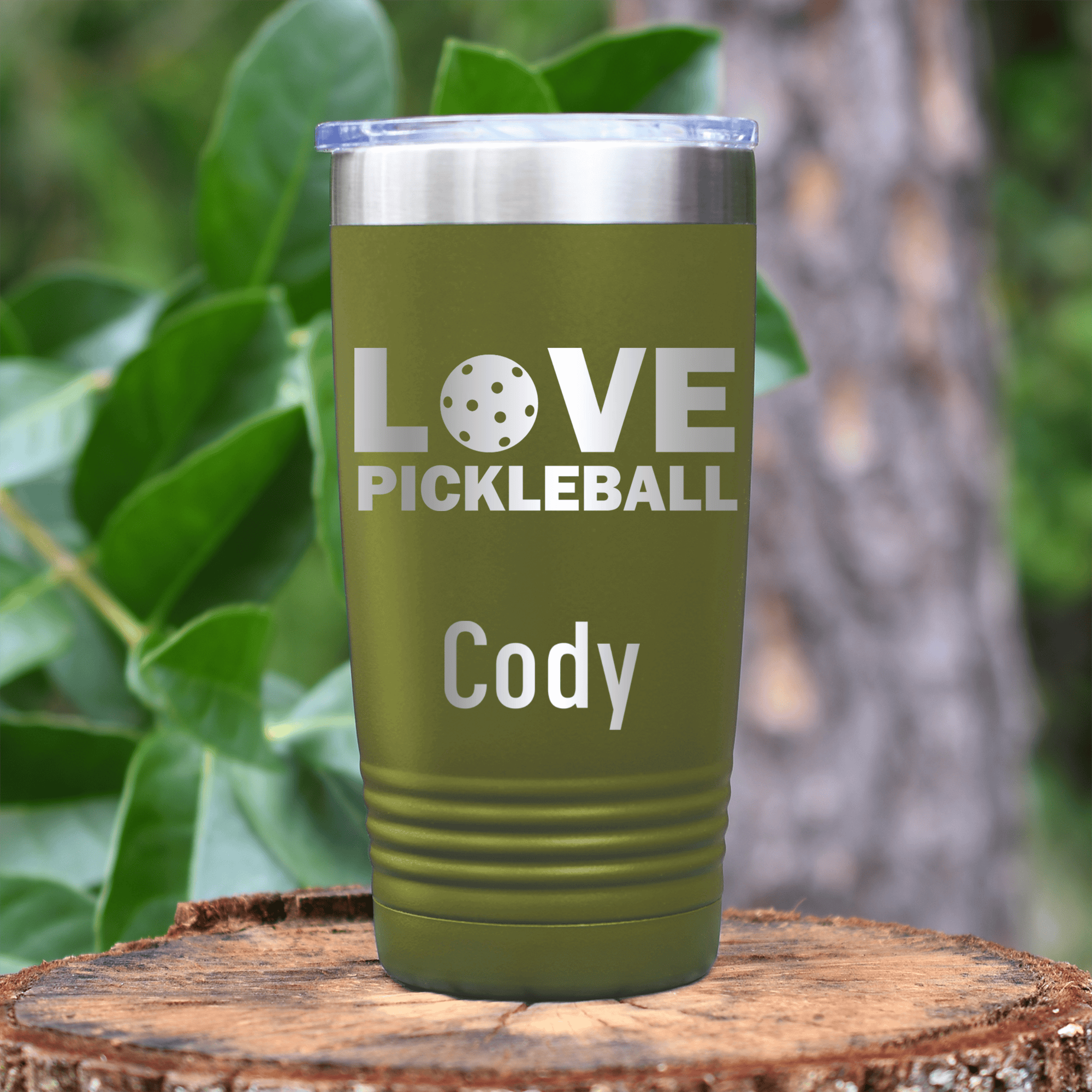 Military Green Pickleball Tumbler With Pickleball Love Design