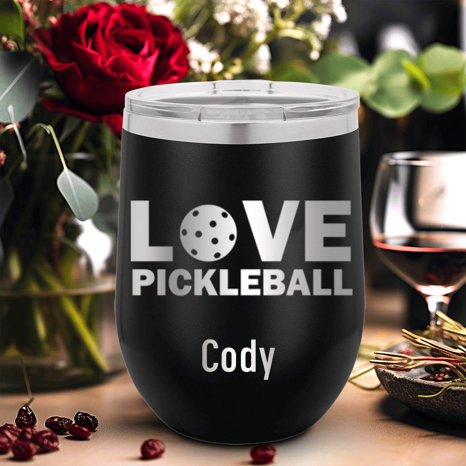 Black Pickleball Wine Tumbler With Pickleball Love Design