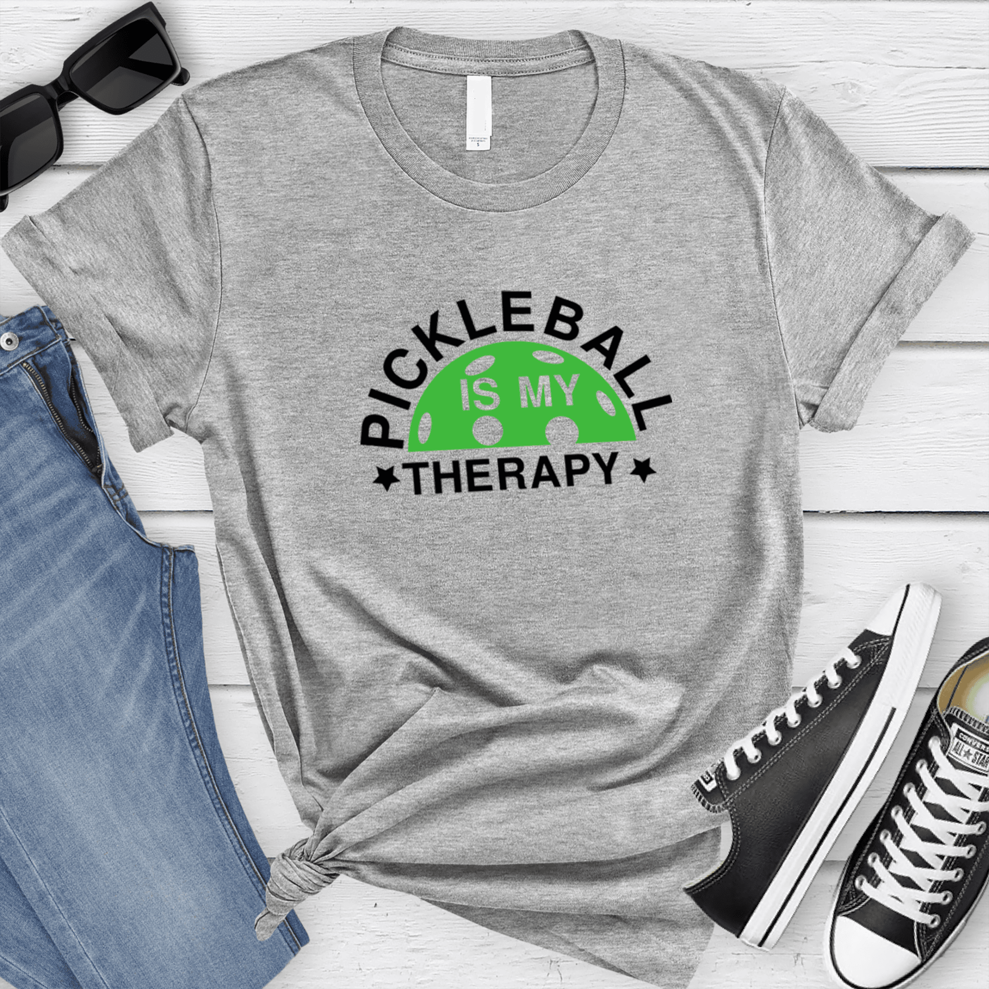 Womens Grey T Shirt with Pickleball-Therapy design