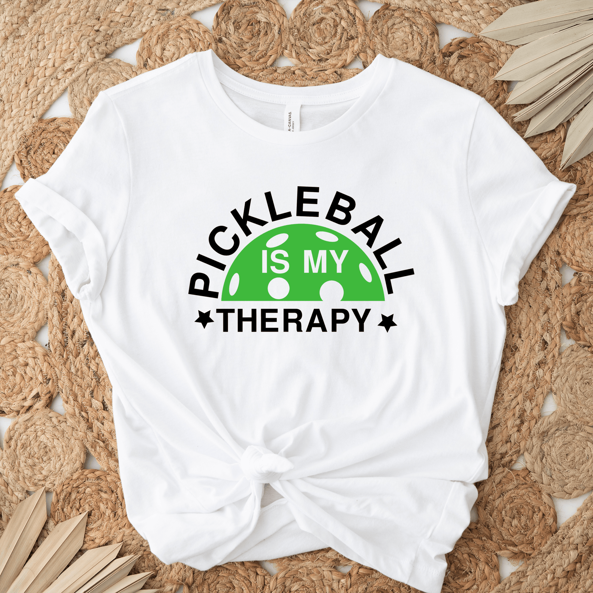 Womens White T Shirt with Pickleball-Therapy design