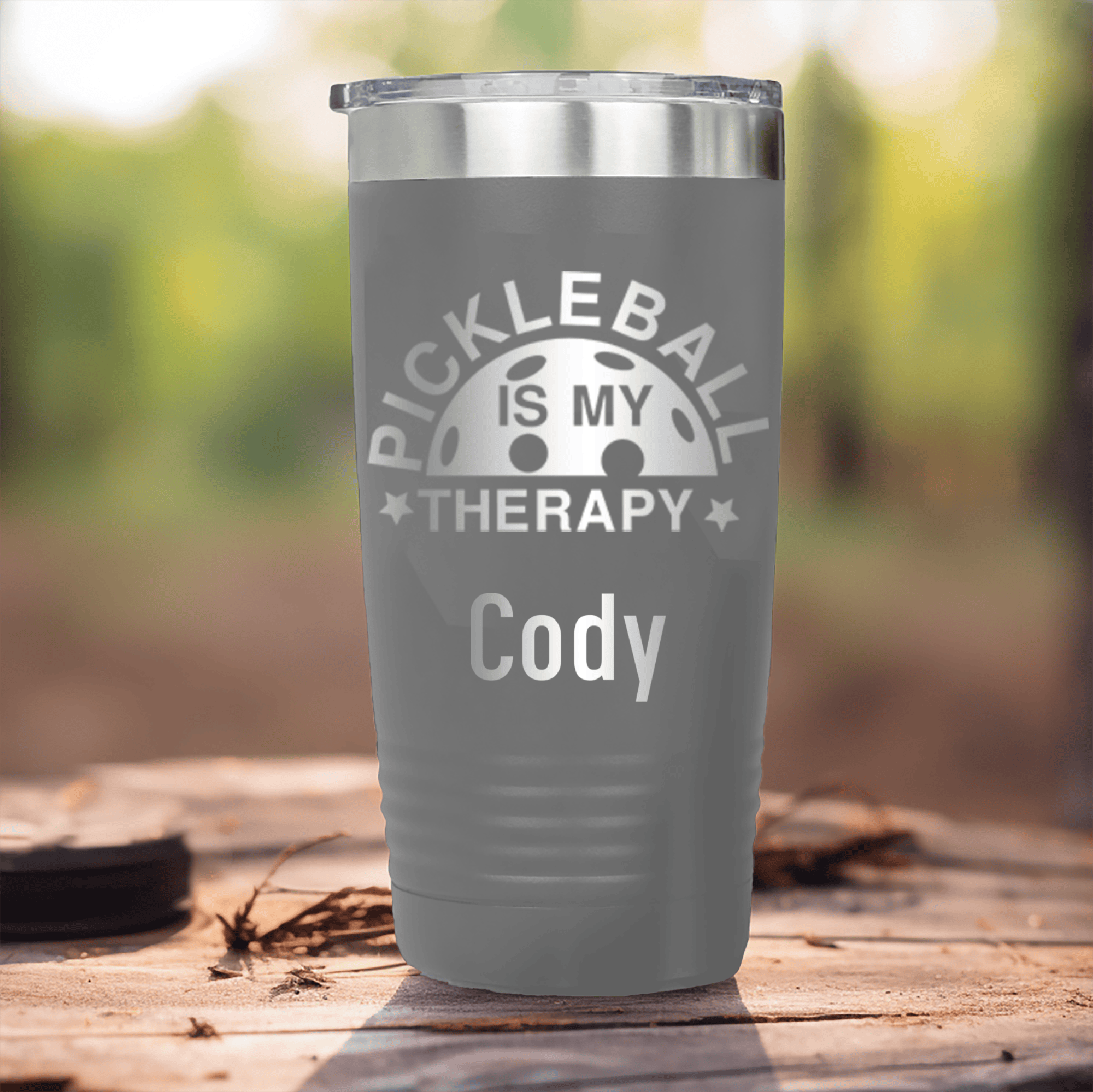 Grey Pickleball Tumbler With Pickleball Therapy Design