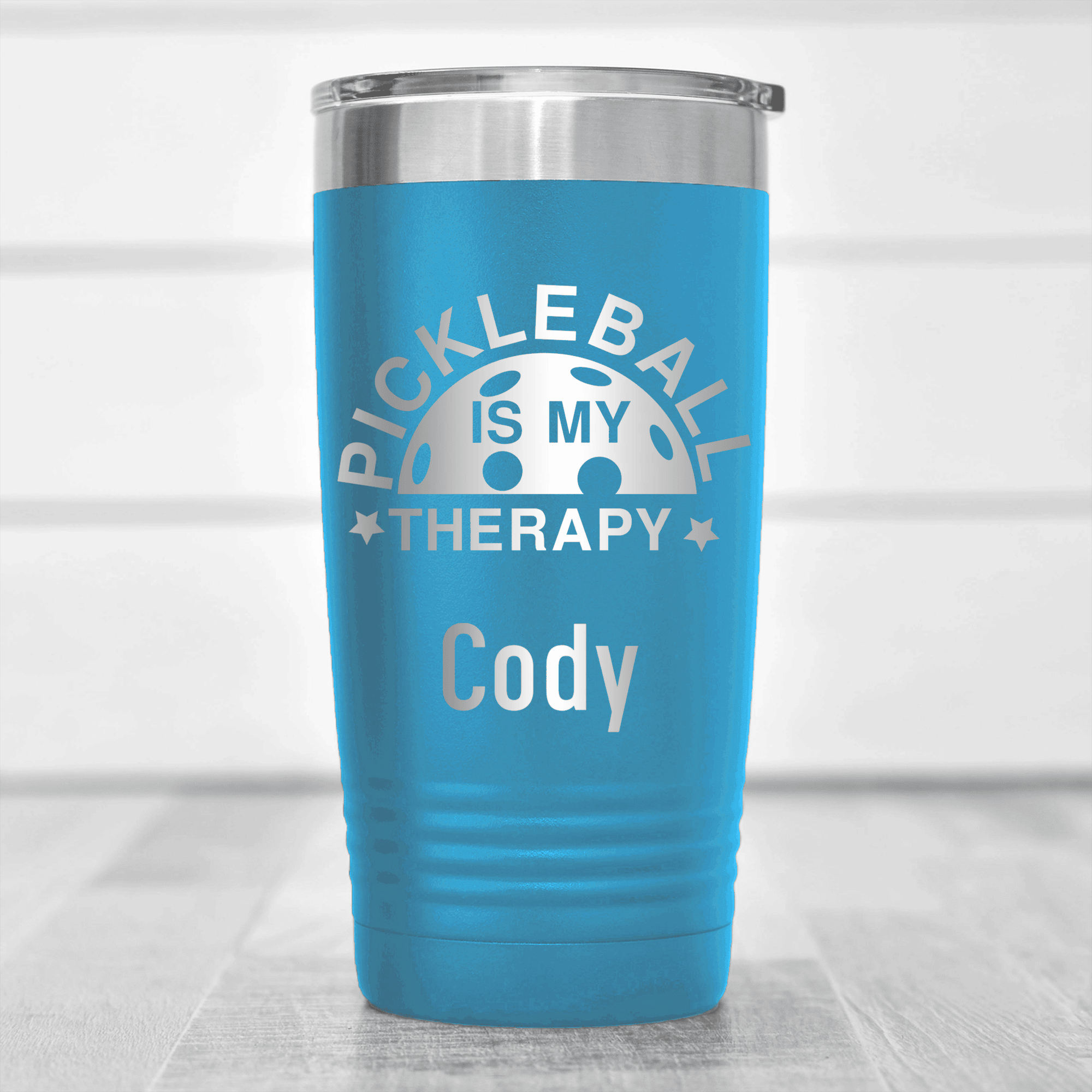 Light Blue Pickleball Tumbler With Pickleball Therapy Design