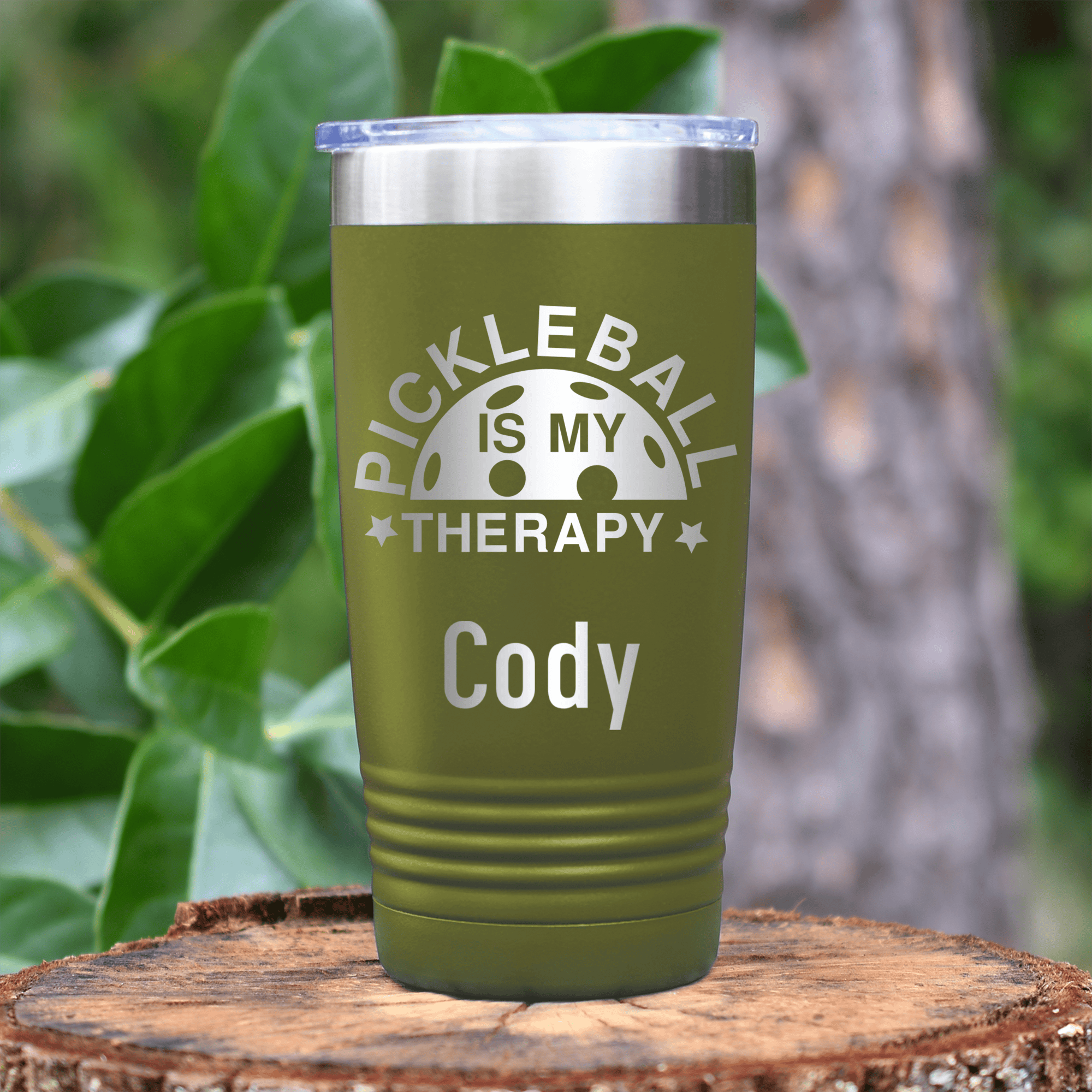 Military Green Pickleball Tumbler With Pickleball Therapy Design