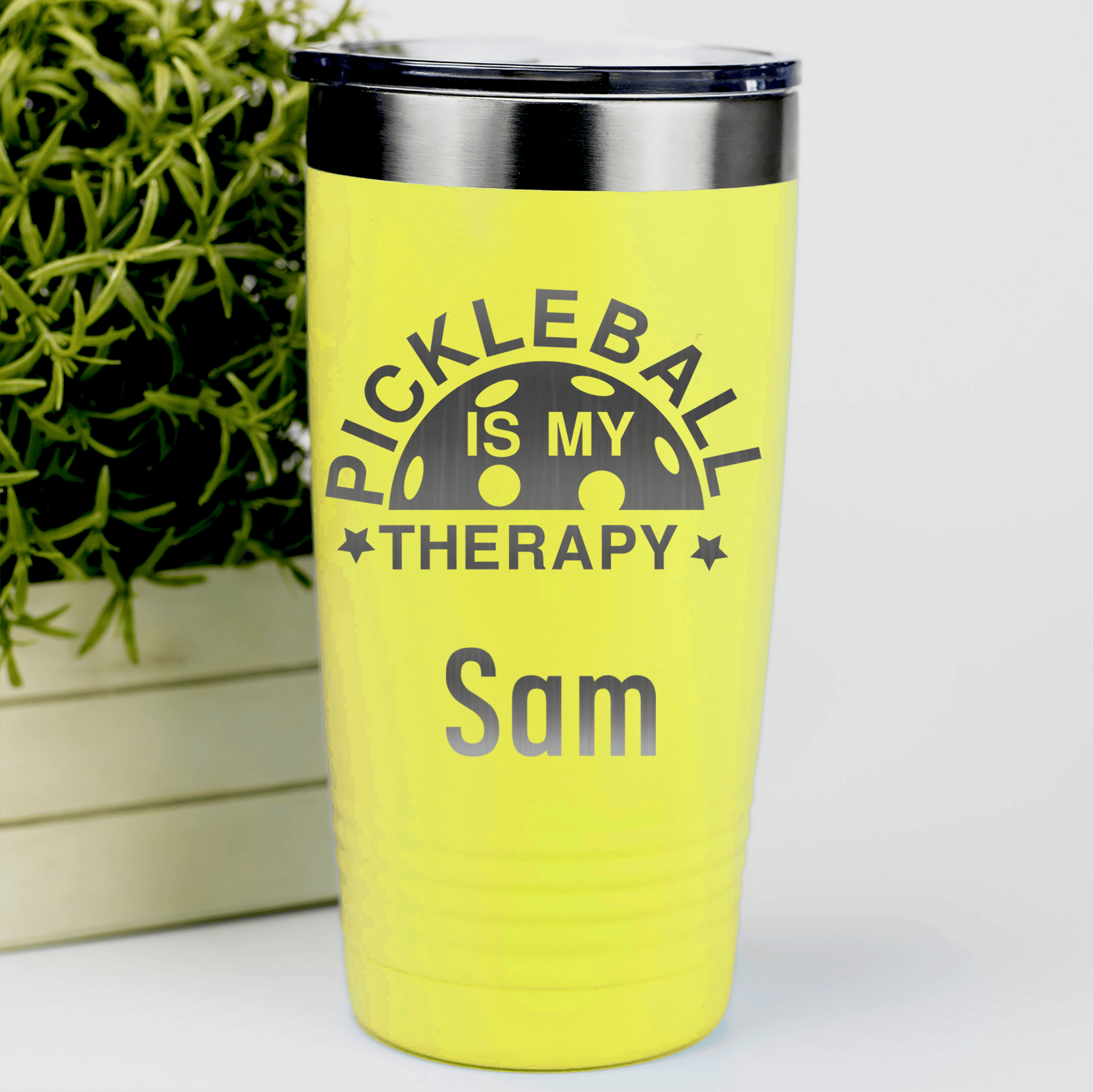 Yellow Pickleball Tumbler With Pickleball Therapy Design