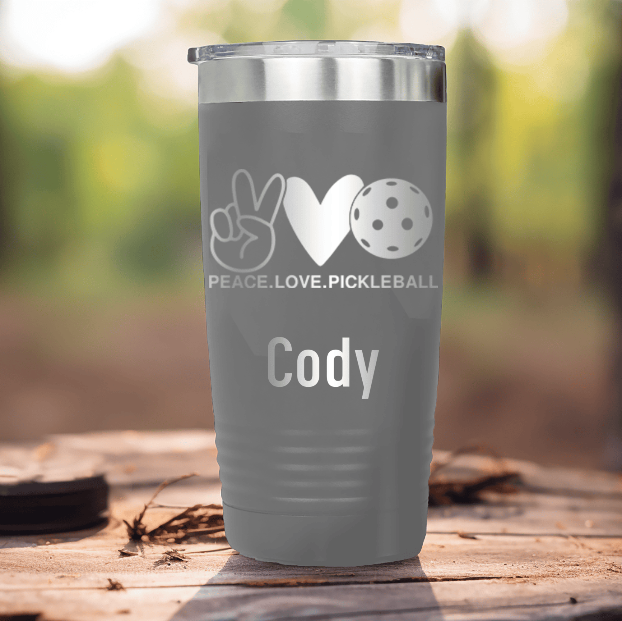 Grey Pickleball Tumbler With Pickles Peach And Love Design