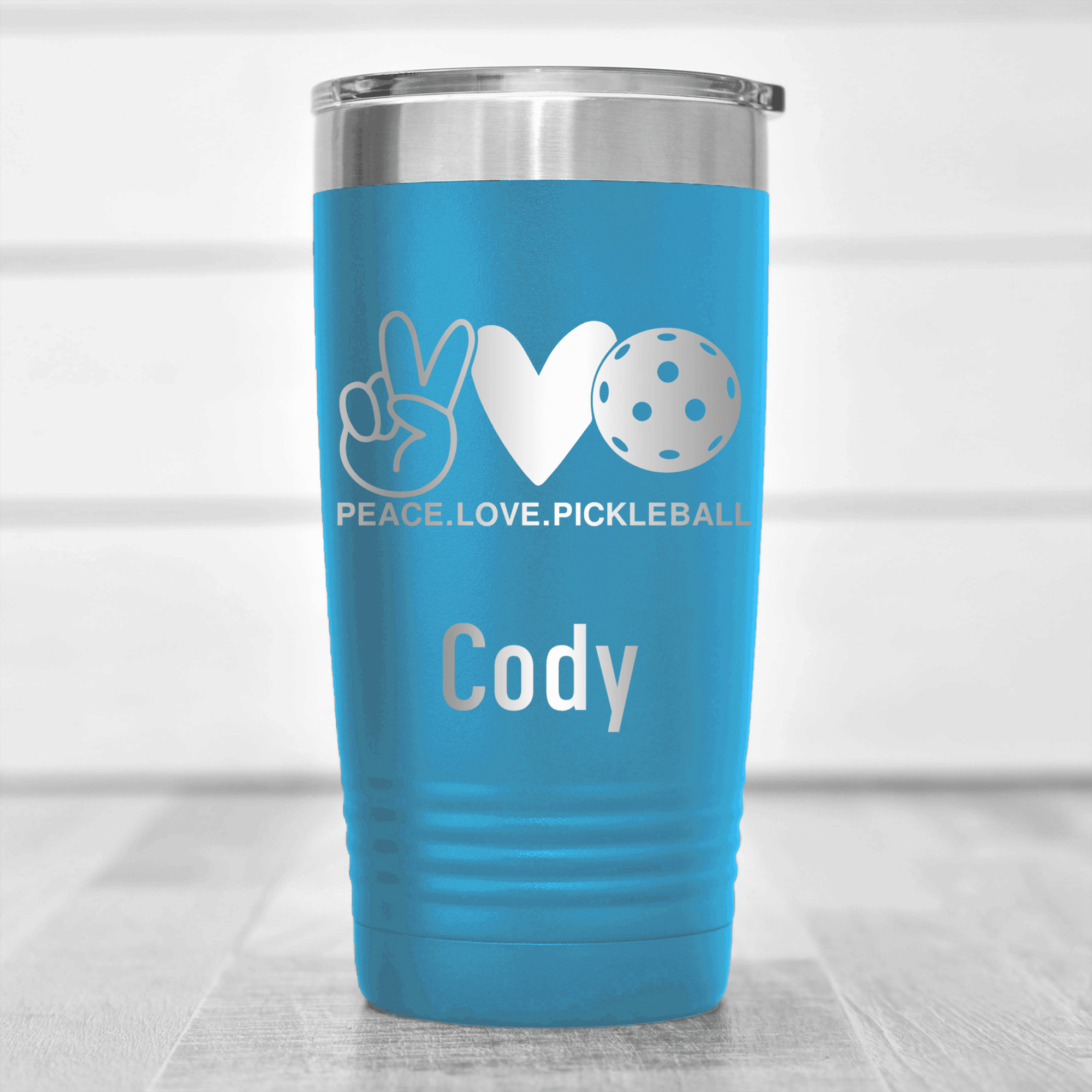 Light Blue Pickleball Tumbler With Pickles Peach And Love Design