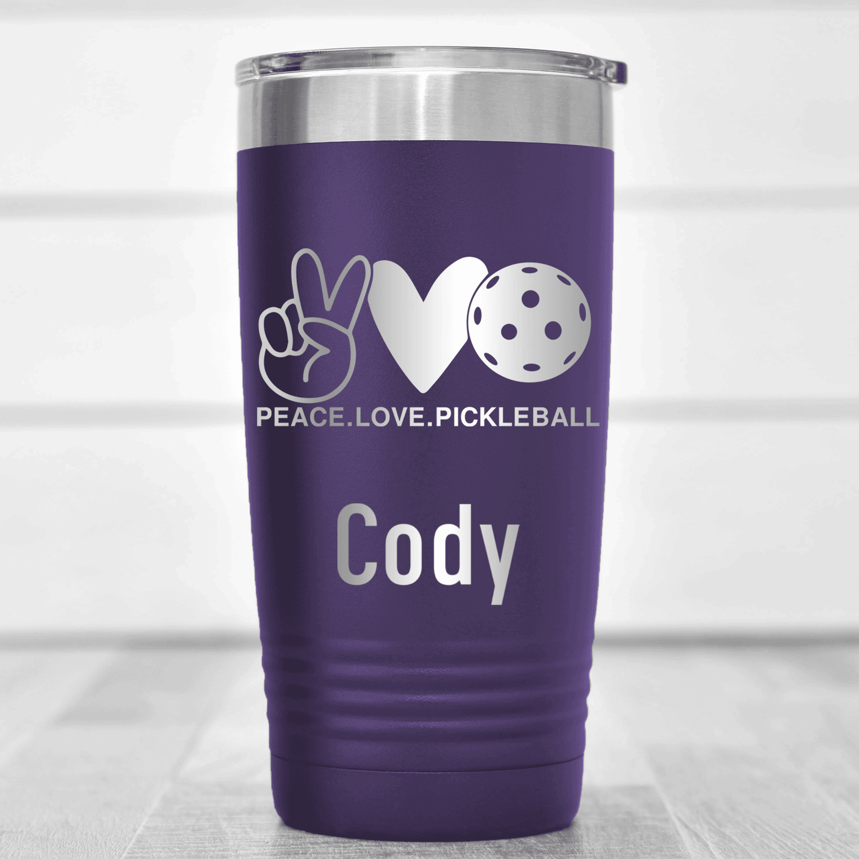 Purple Pickleball Tumbler With Pickles Peach And Love Design