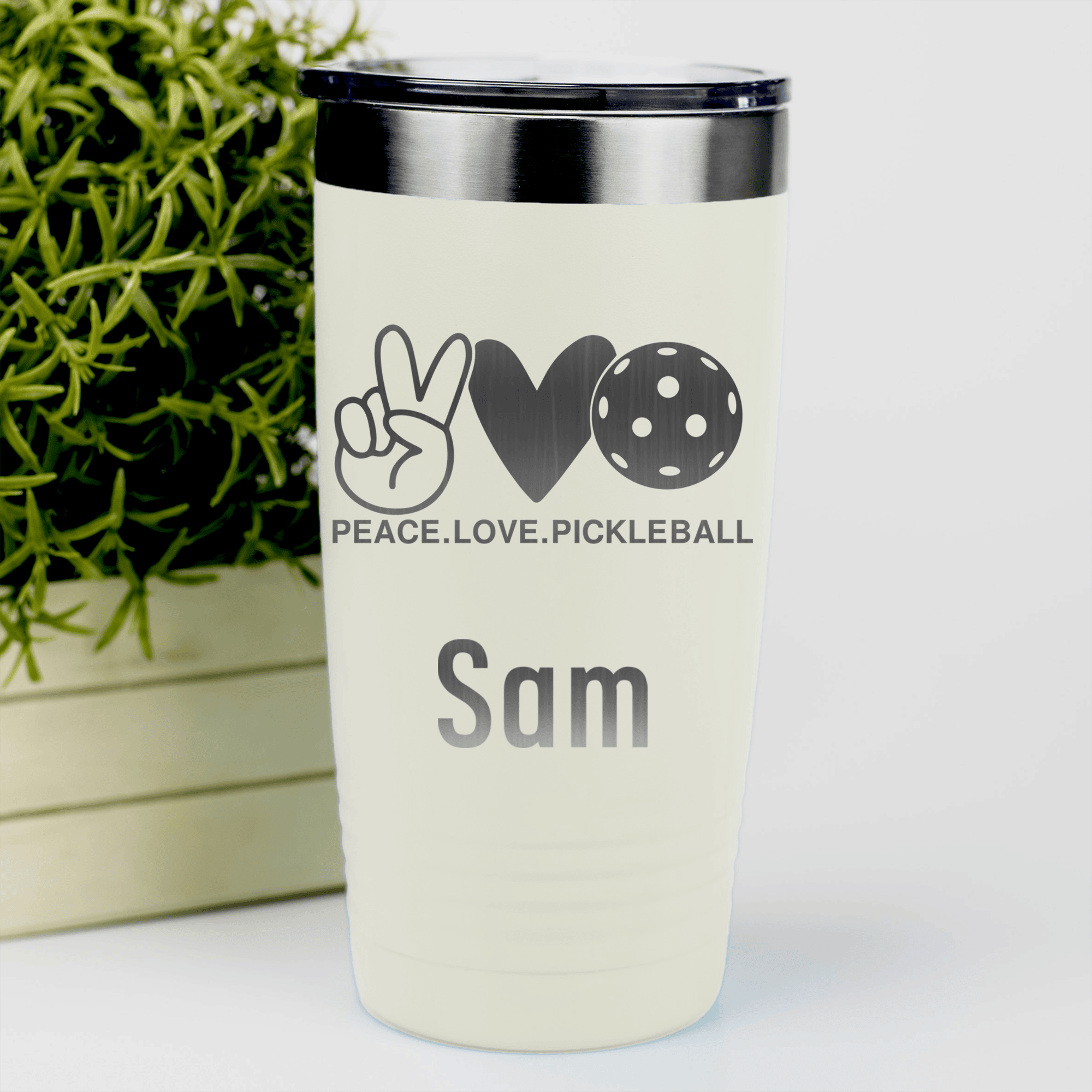 White Pickleball Tumbler With Pickles Peach And Love Design