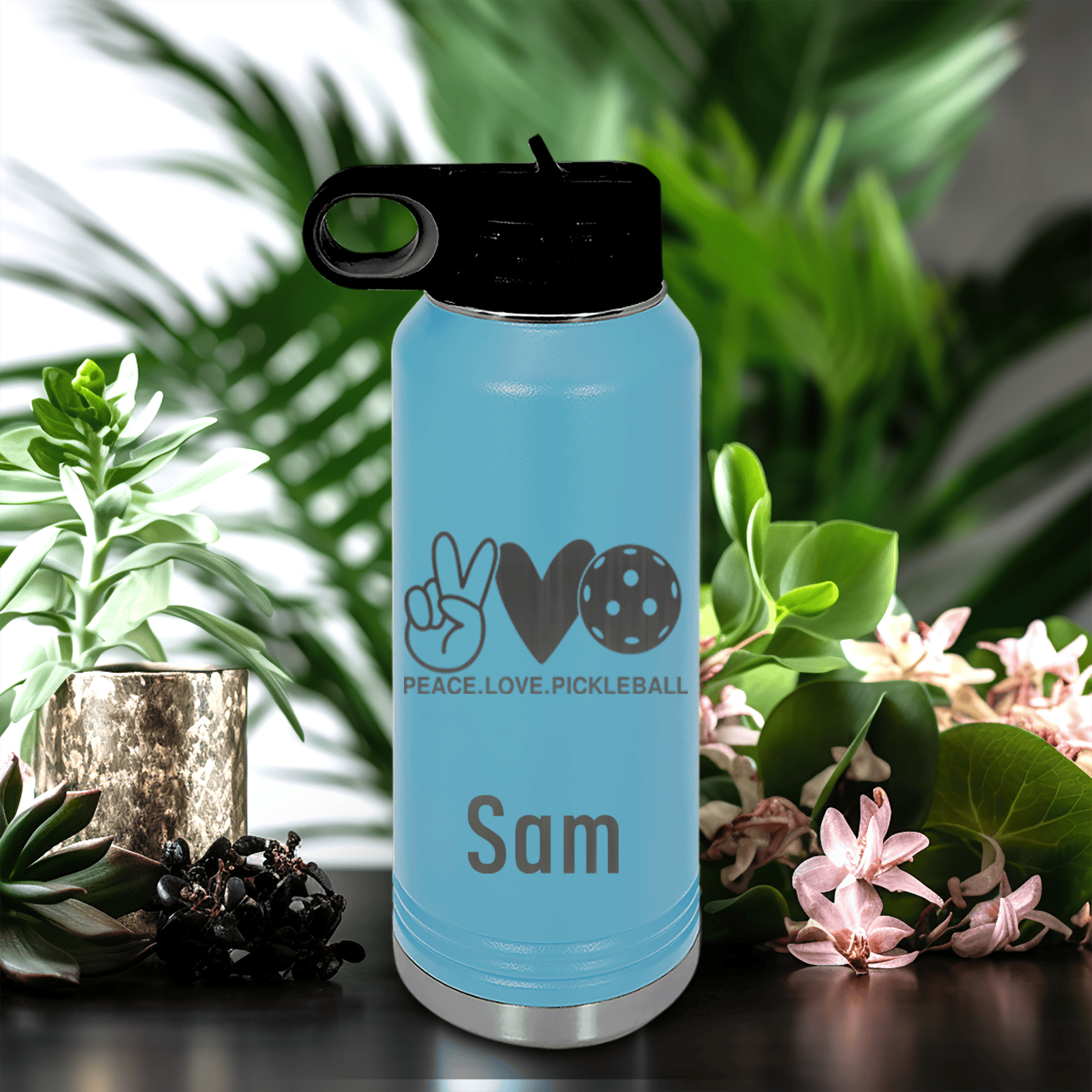 Light Blue Pickleball Water Bottle With Pickles Peach And Love Design