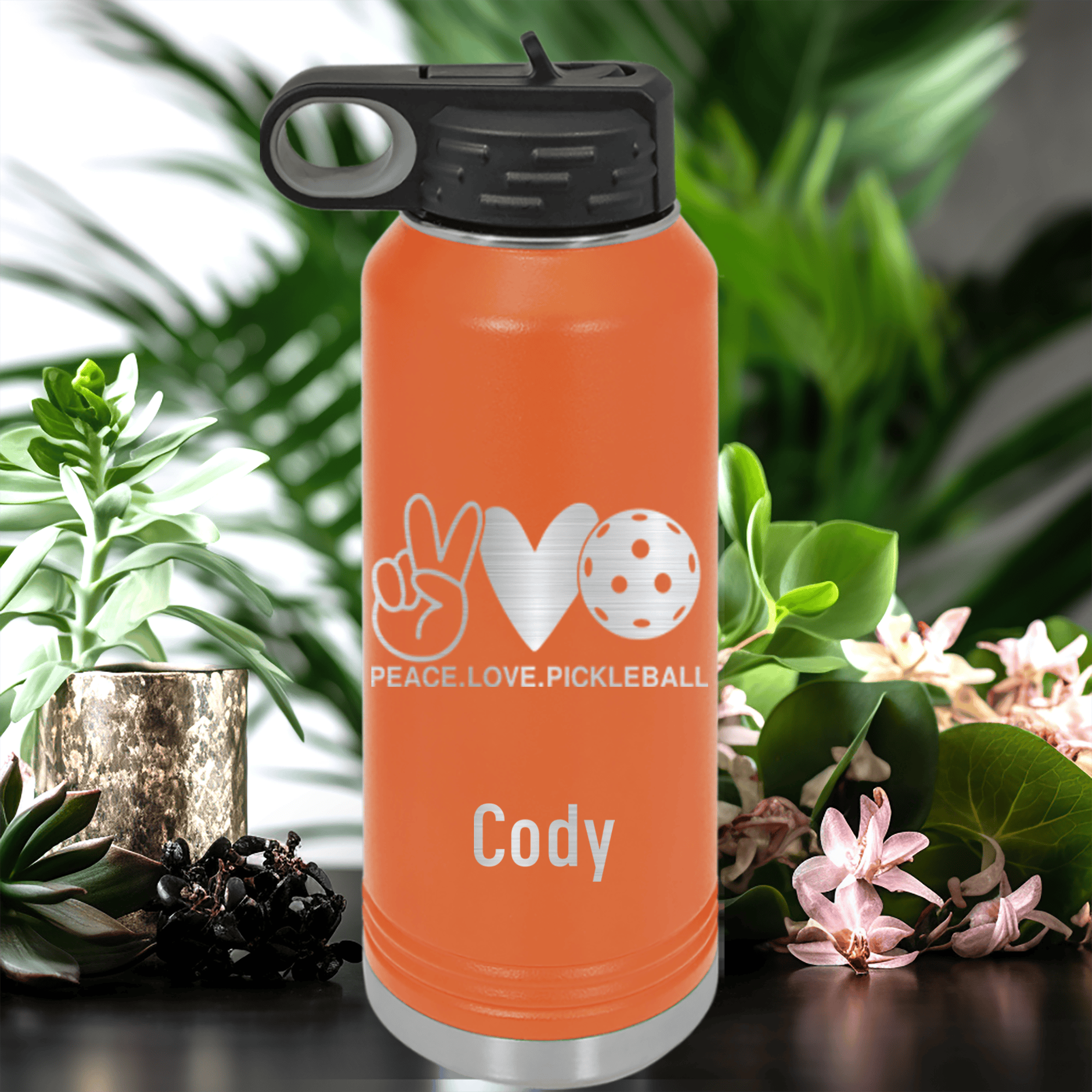 Orange Pickleball Water Bottle With Pickles Peach And Love Design