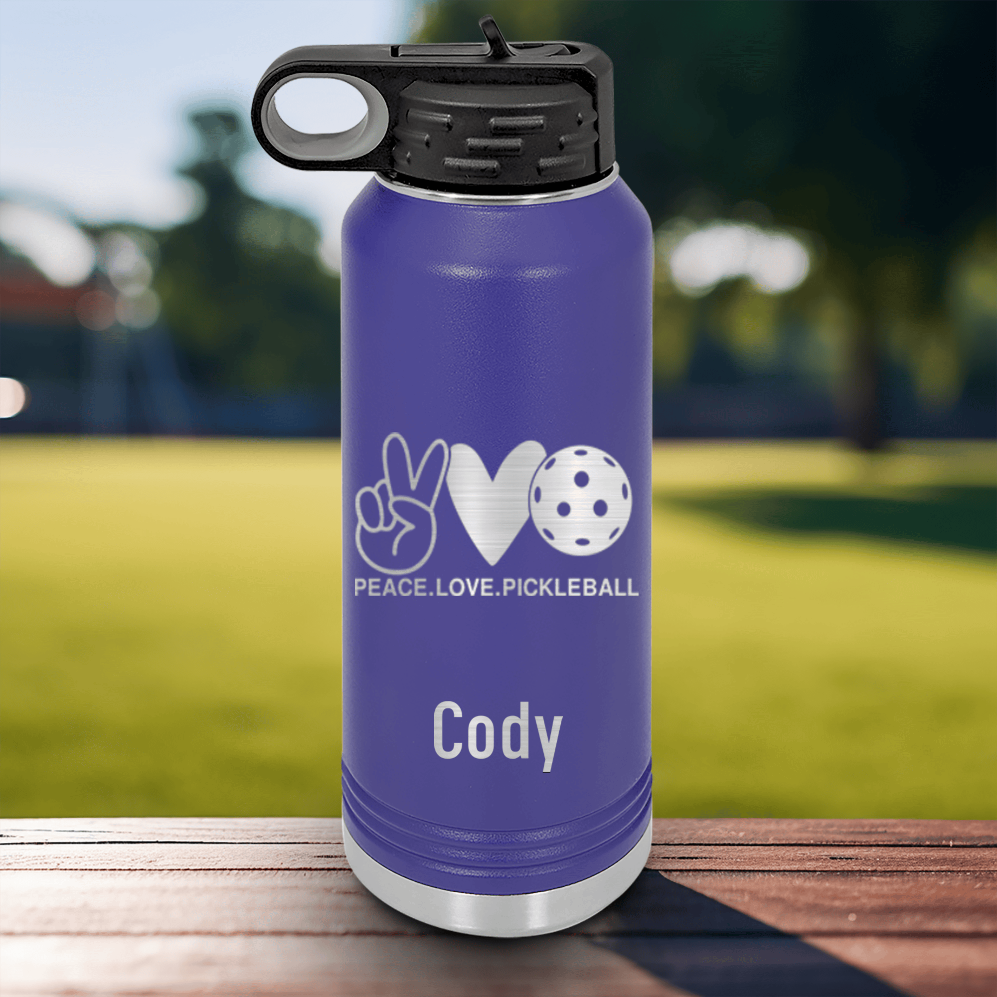 Purple Pickleball Water Bottle With Pickles Peach And Love Design