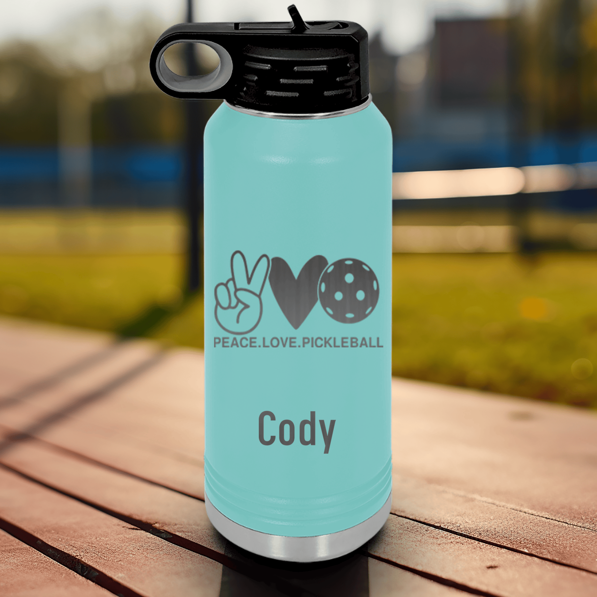 Teal Pickleball Water Bottle With Pickles Peach And Love Design