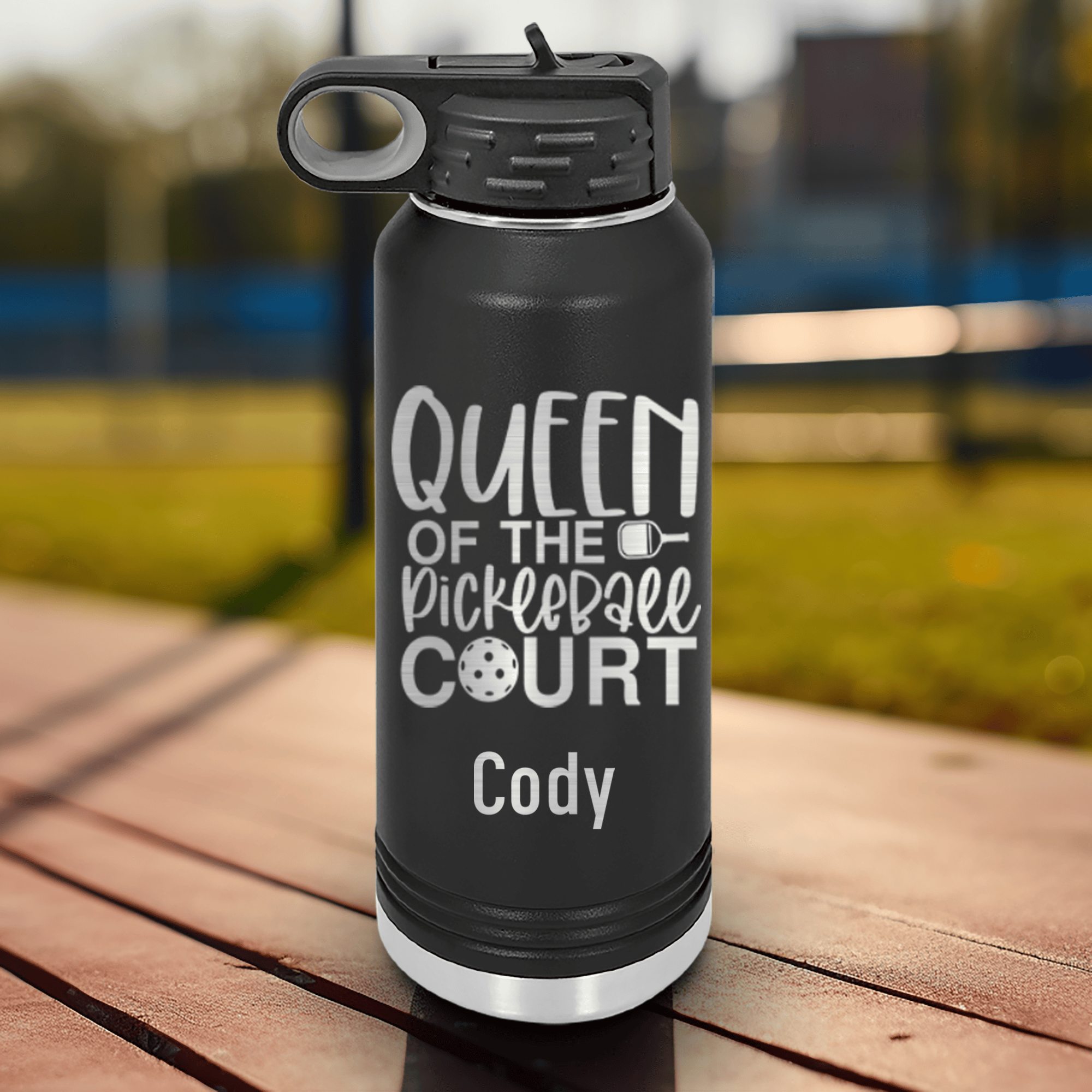 Black Pickleball Water Bottle With Queen Of The Pickleball Court Design