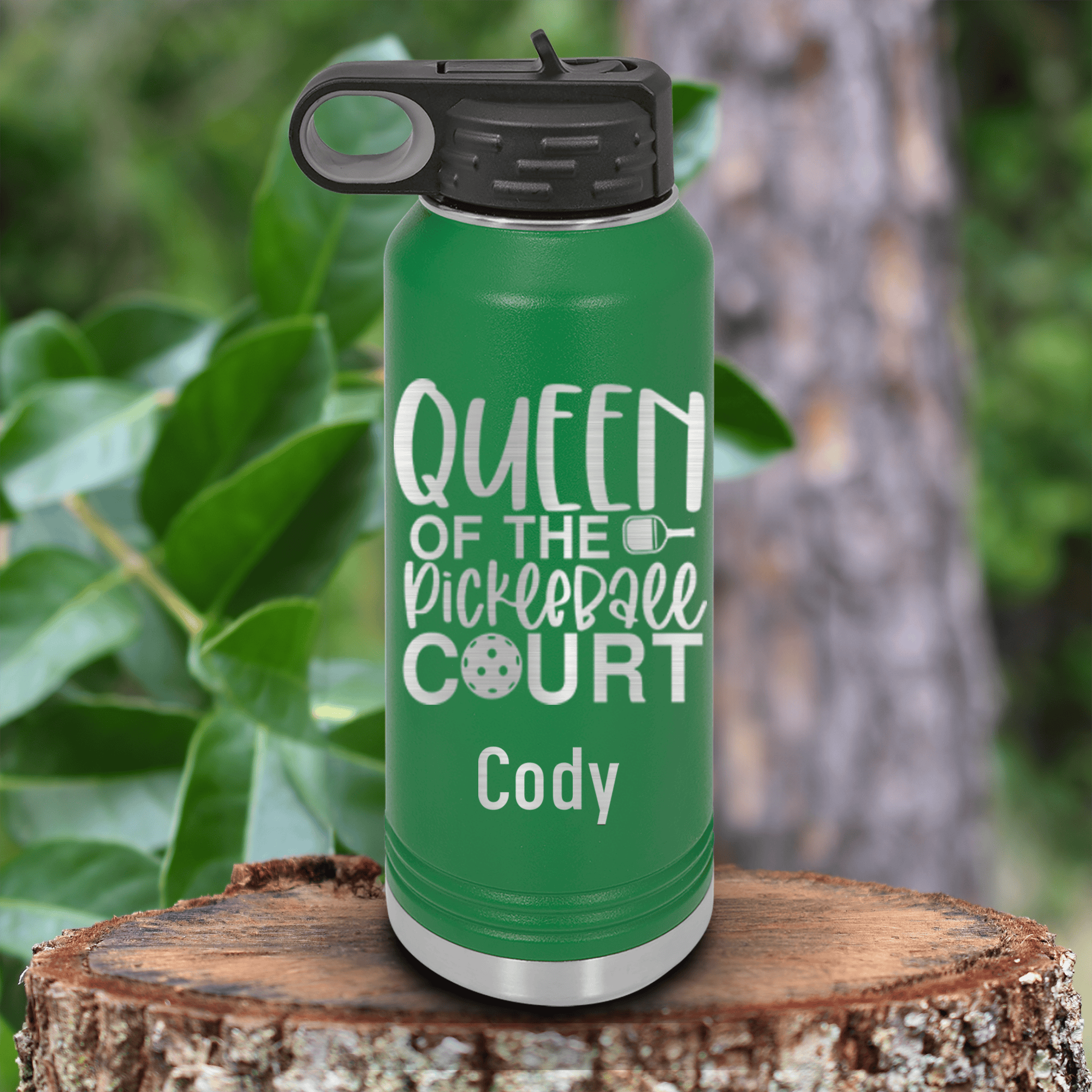 Green Pickleball Water Bottle With Queen Of The Pickleball Court Design