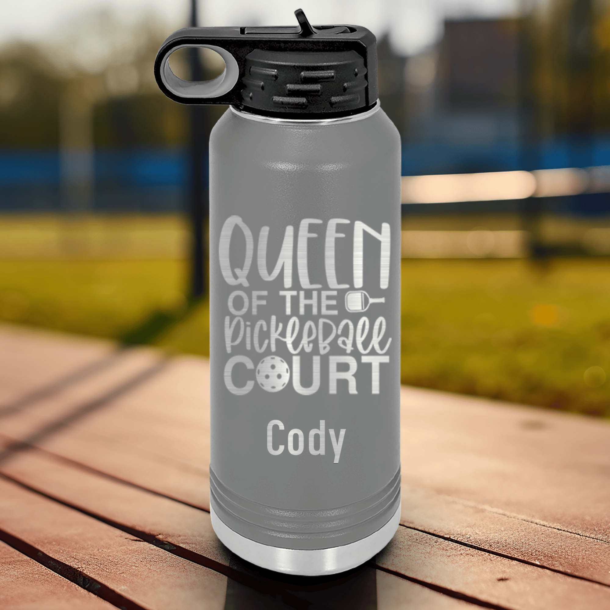 Grey Pickleball Water Bottle With Queen Of The Pickleball Court Design