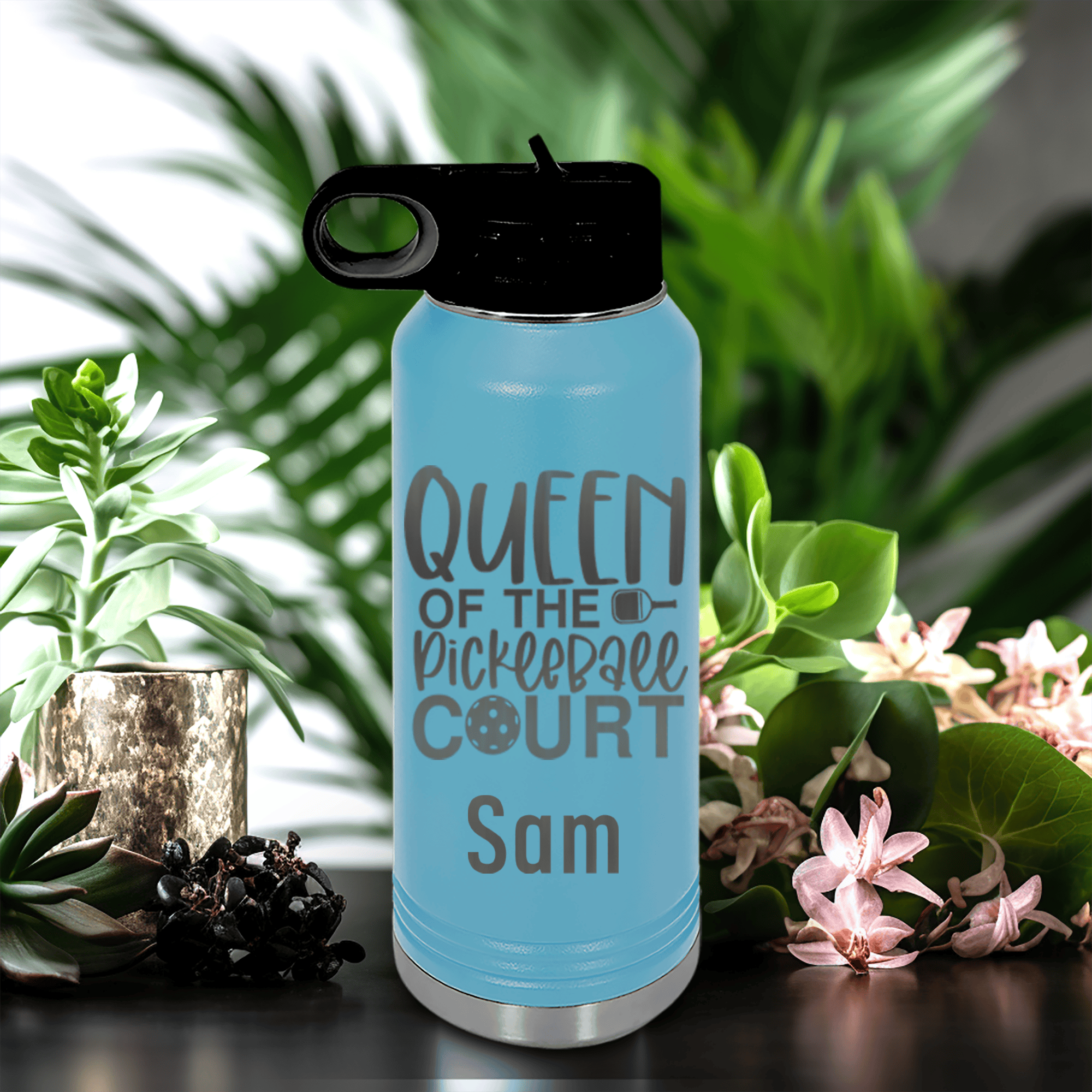 Light Blue Pickleball Water Bottle With Queen Of The Pickleball Court Design