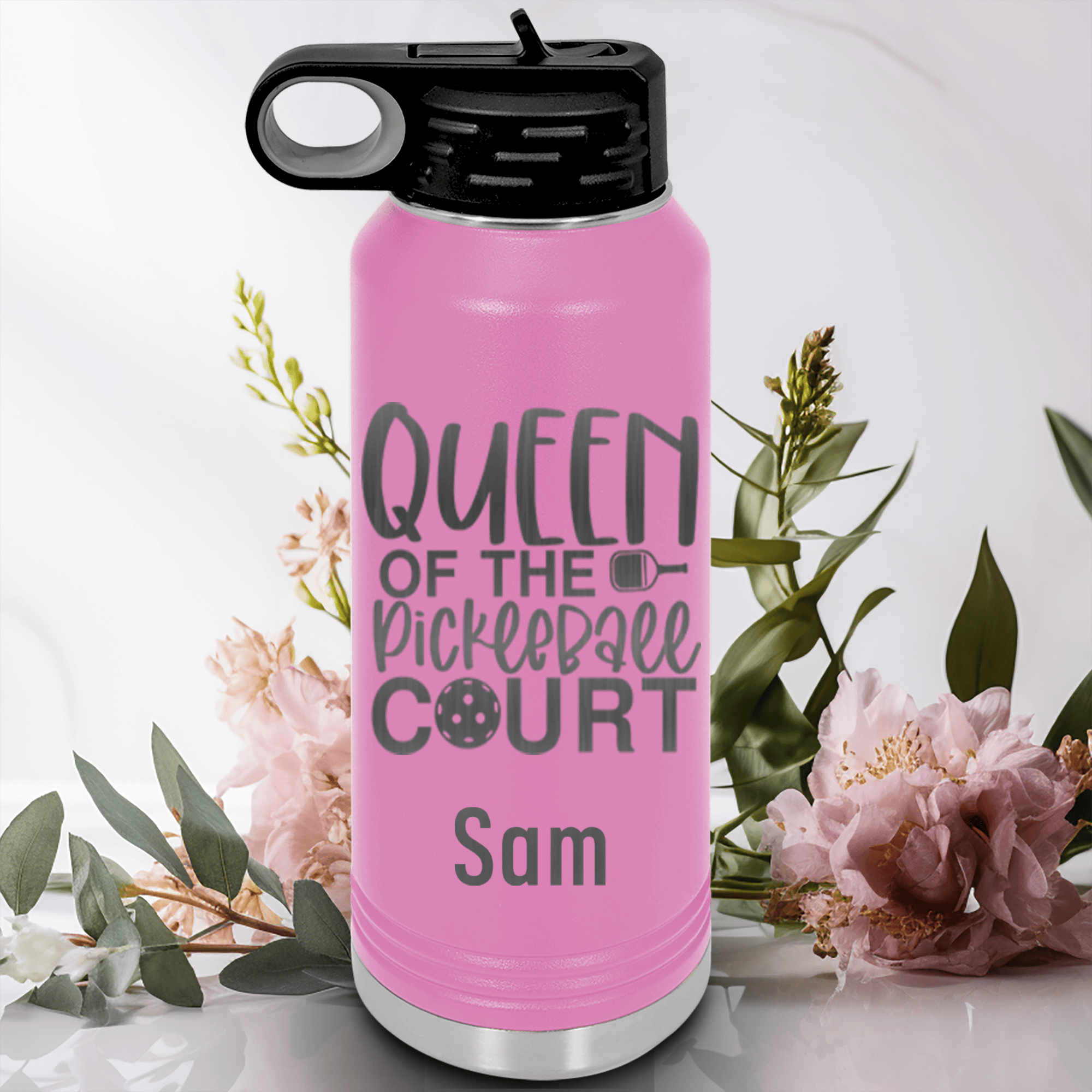 Light Purple Pickleball Water Bottle With Queen Of The Pickleball Court Design
