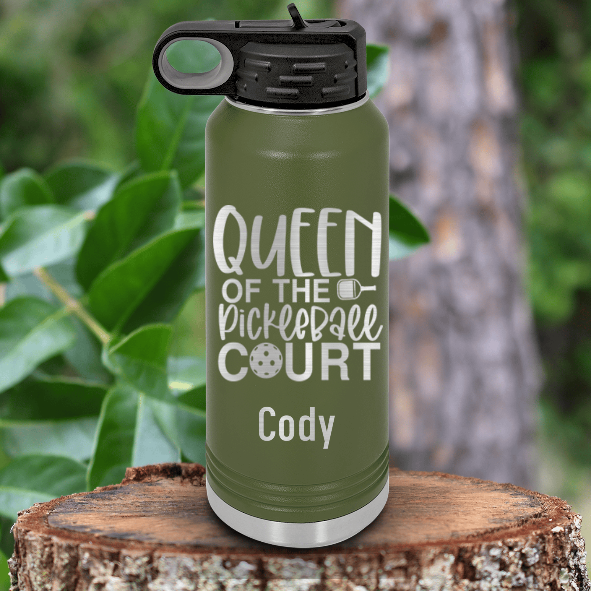 Military Green Pickleball Water Bottle With Queen Of The Pickleball Court Design