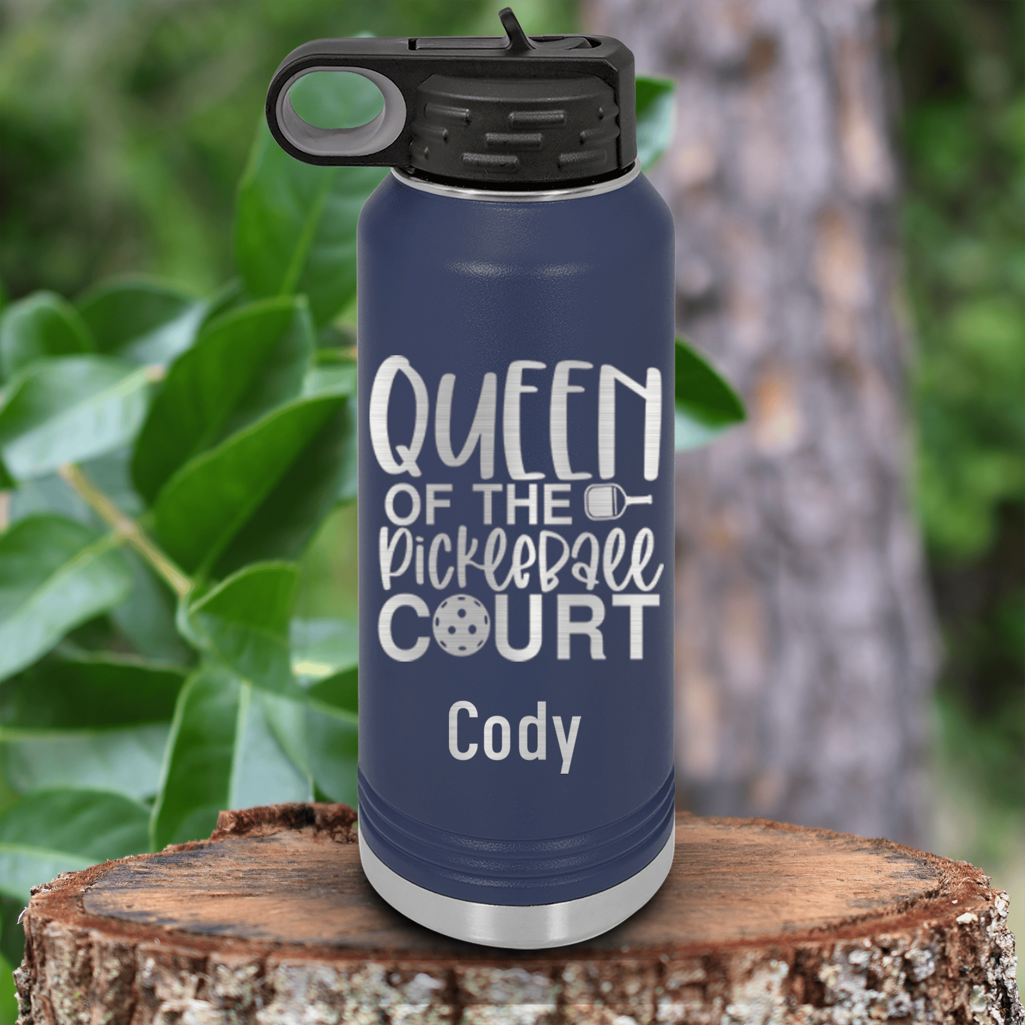 Navy Pickleball Water Bottle With Queen Of The Pickleball Court Design