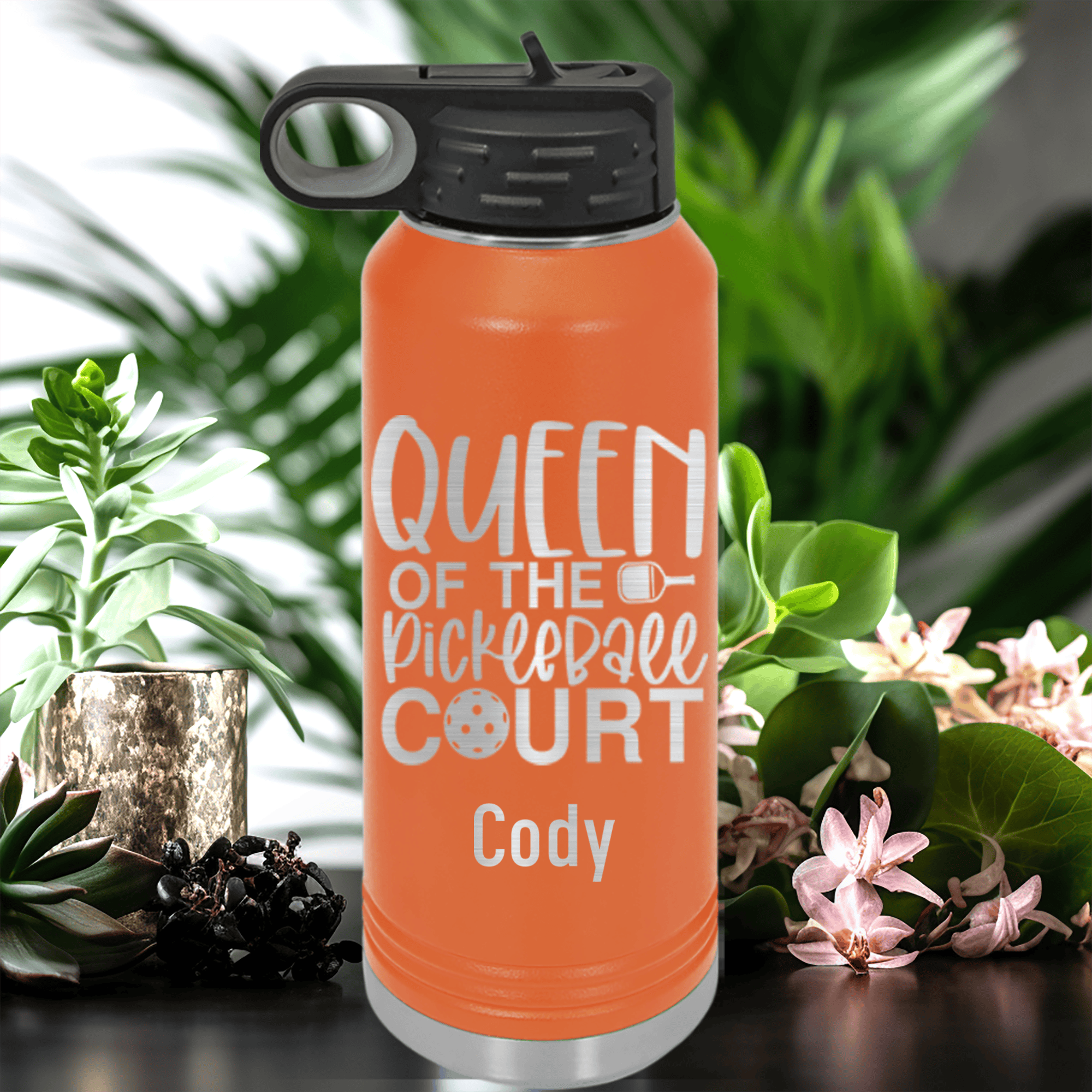 Orange Pickleball Water Bottle With Queen Of The Pickleball Court Design