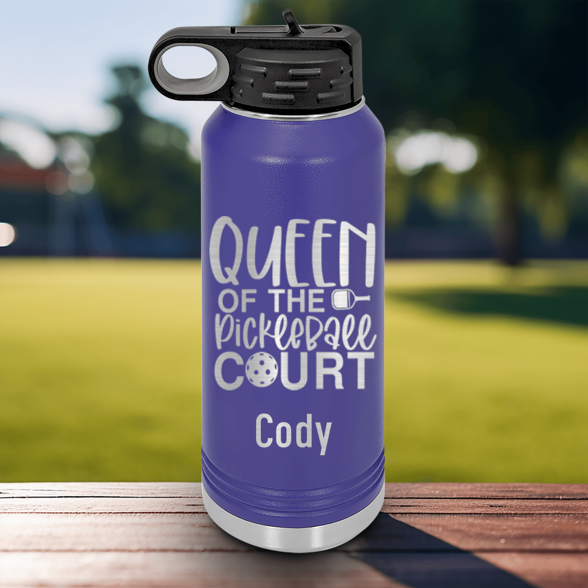 Purple Pickleball Water Bottle With Queen Of The Pickleball Court Design