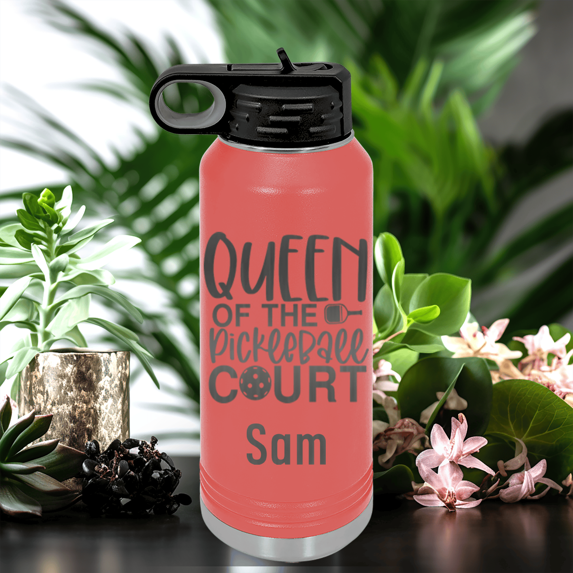 Salmon Pickleball Water Bottle With Queen Of The Pickleball Court Design