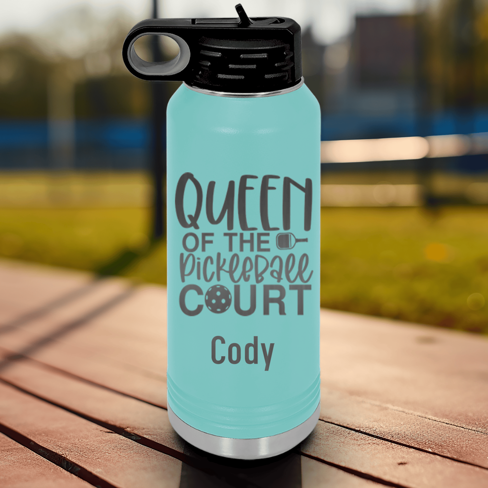 Teal Pickleball Water Bottle With Queen Of The Pickleball Court Design