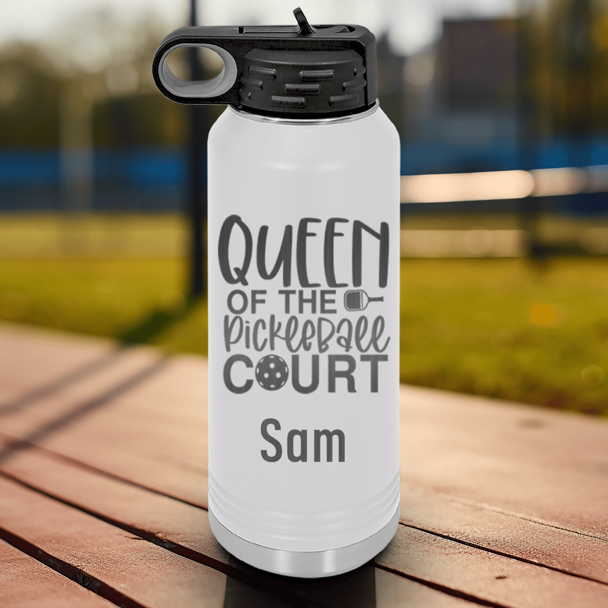 White Pickleball Water Bottle With Queen Of The Pickleball Court Design